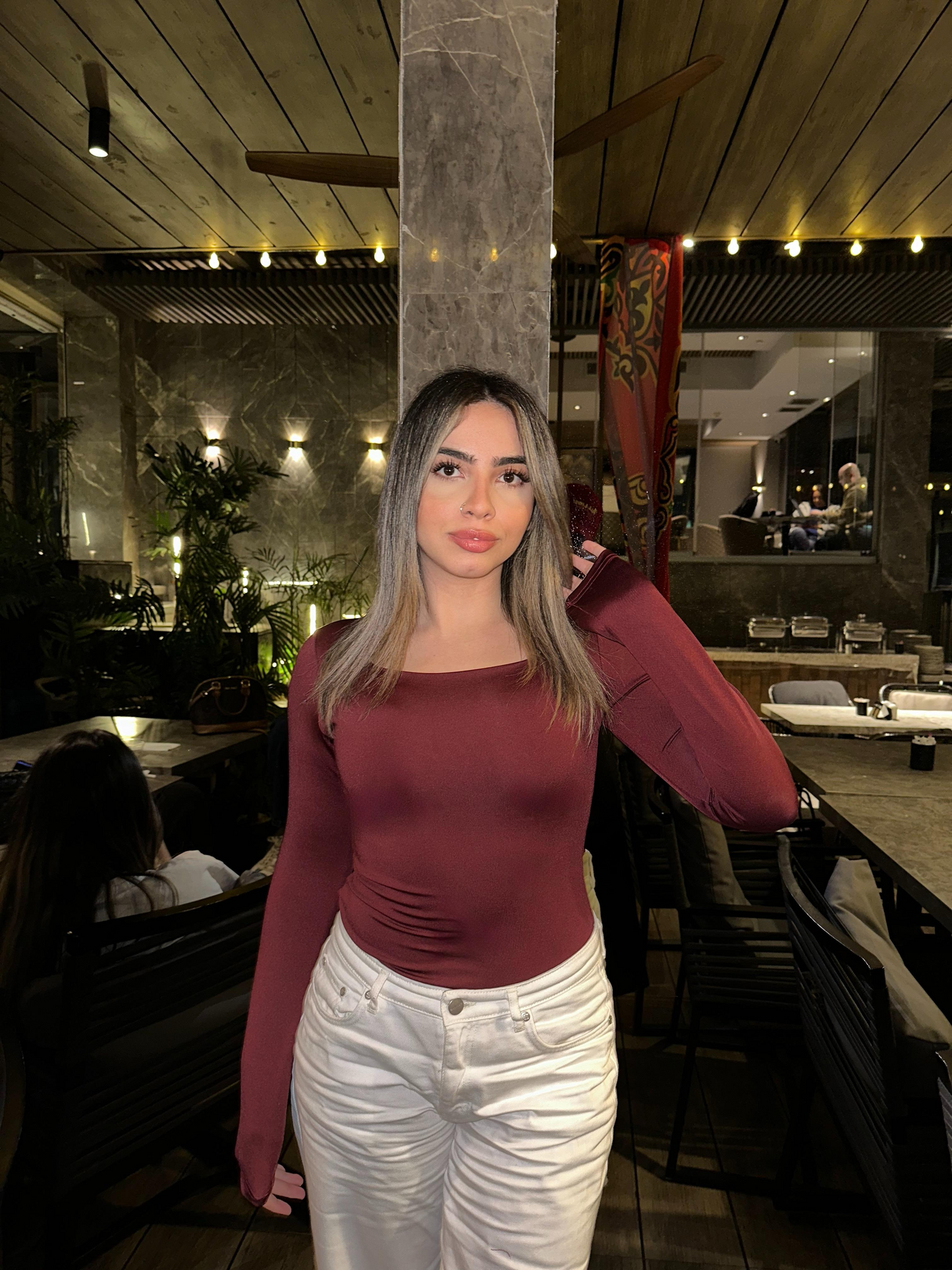 Square Neck Full Sleeve Bodysuit - Wine Red