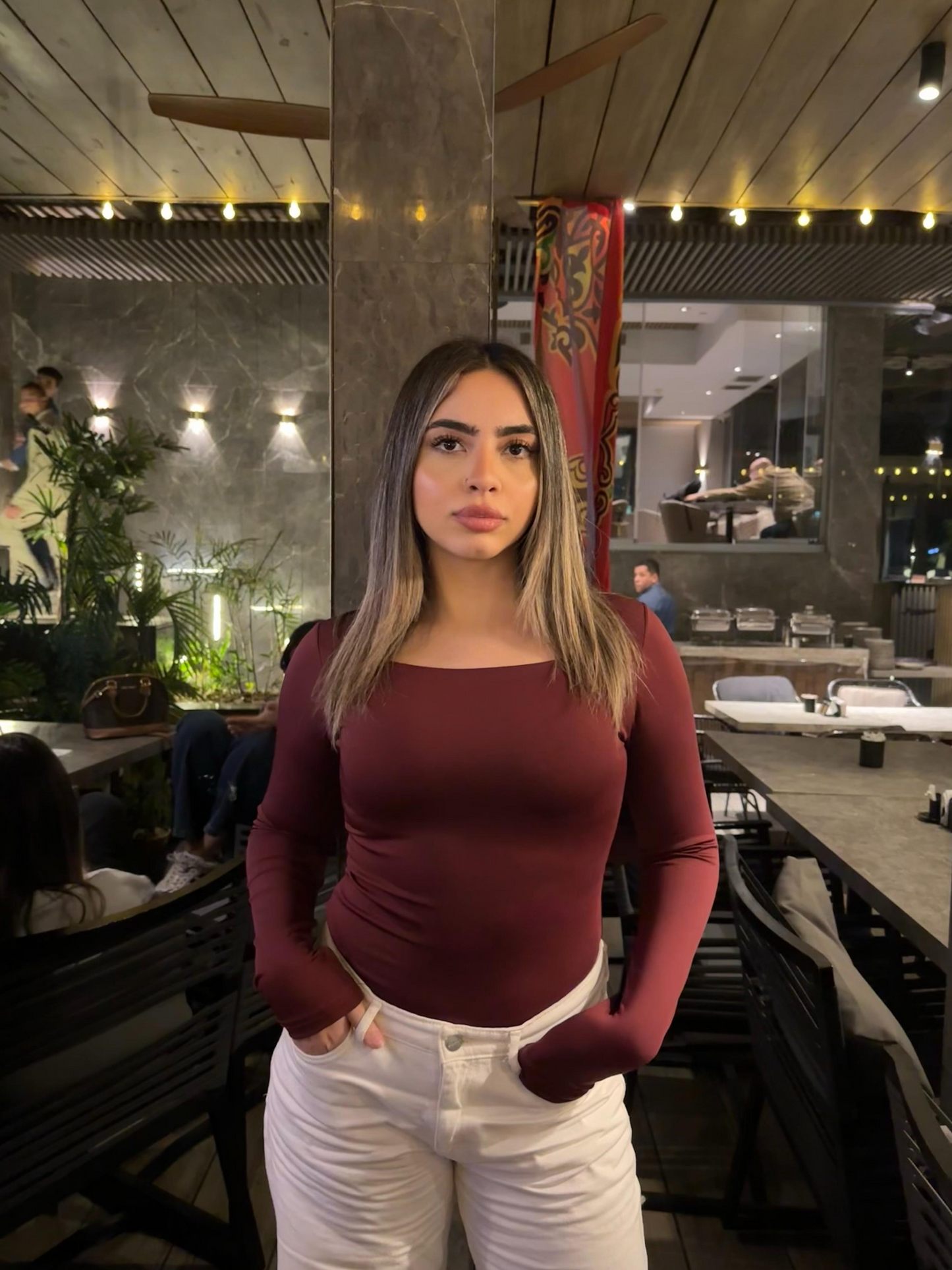 Square Neck Full Sleeve Bodysuit - Wine Red