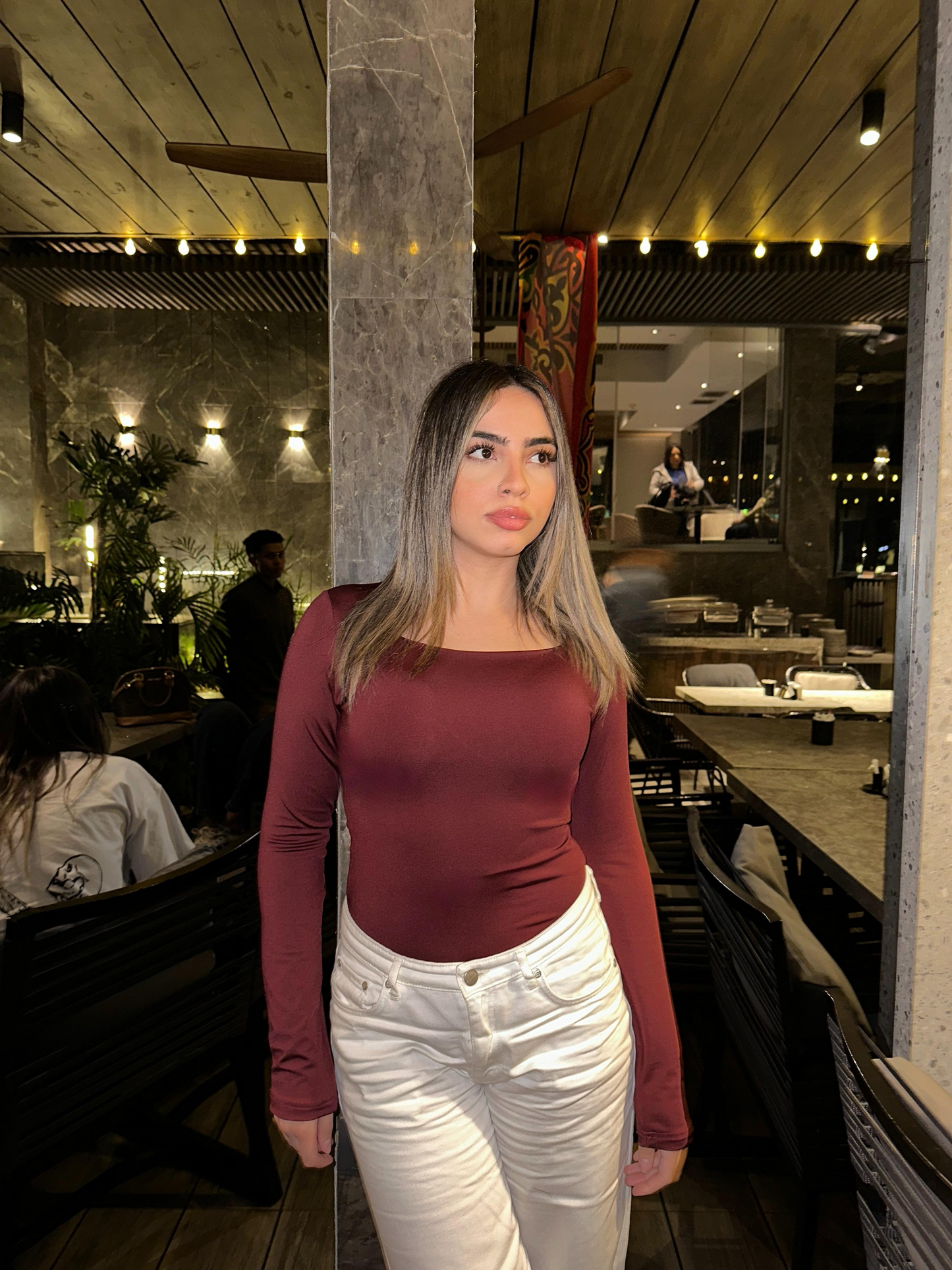 Square Neck Full Sleeve Bodysuit - Wine Red