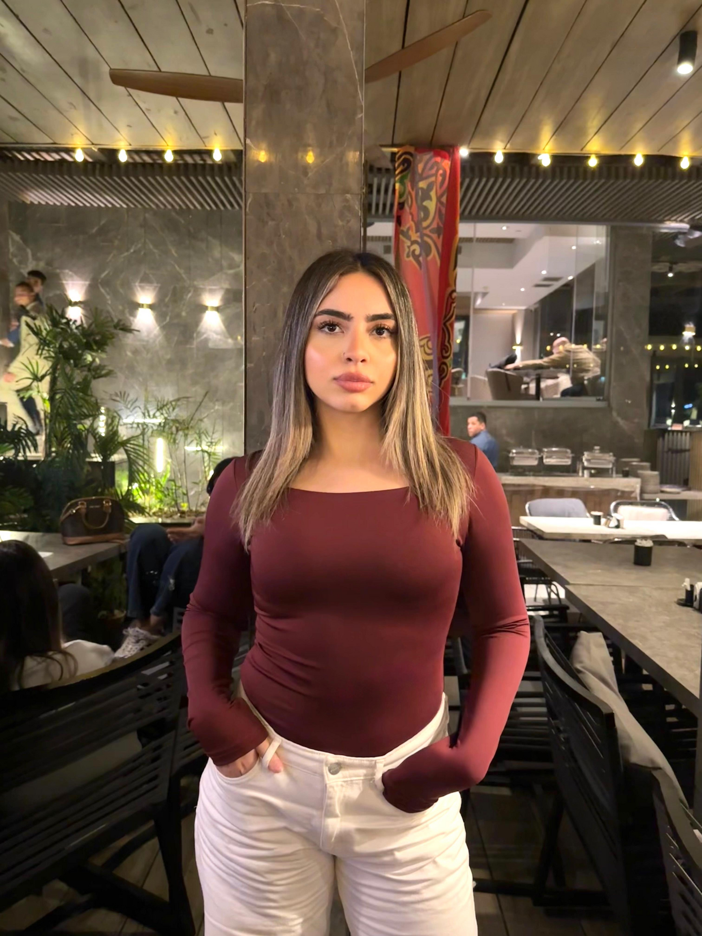 Square Neck Full Sleeve Bodysuit - Wine Red