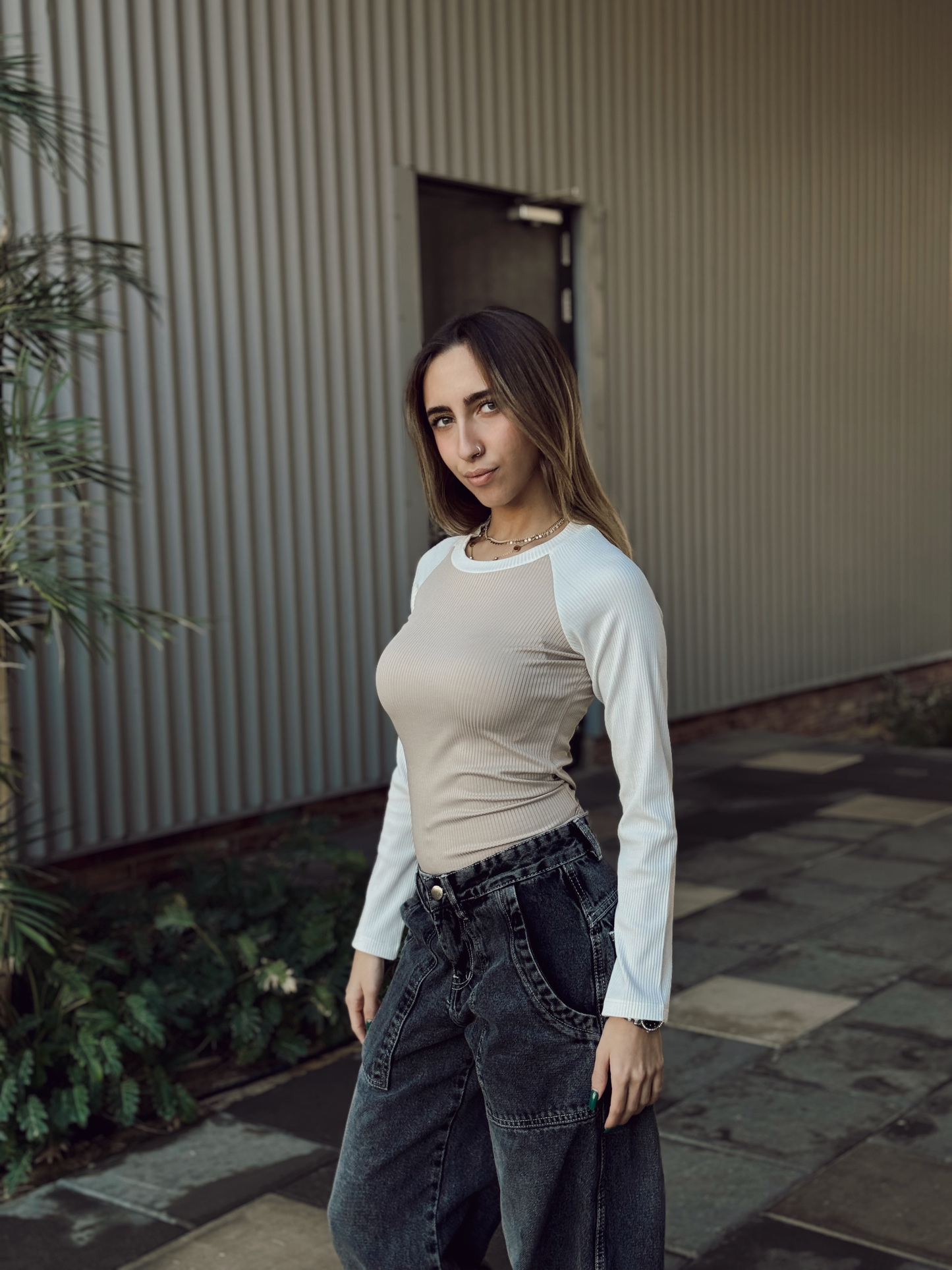 Beige x White Full Sleeve Rib Top