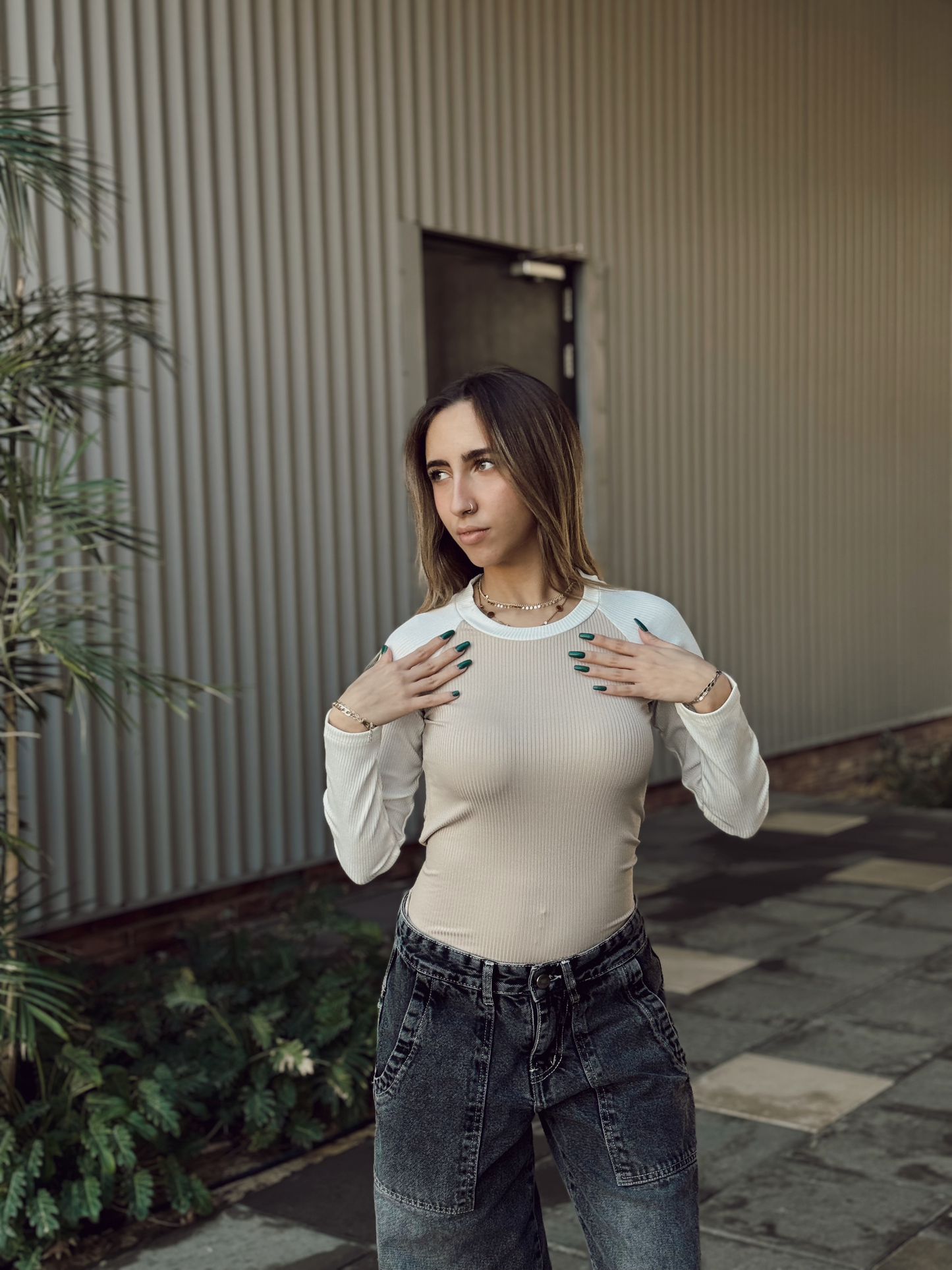 Beige x White Full Sleeve Rib Top