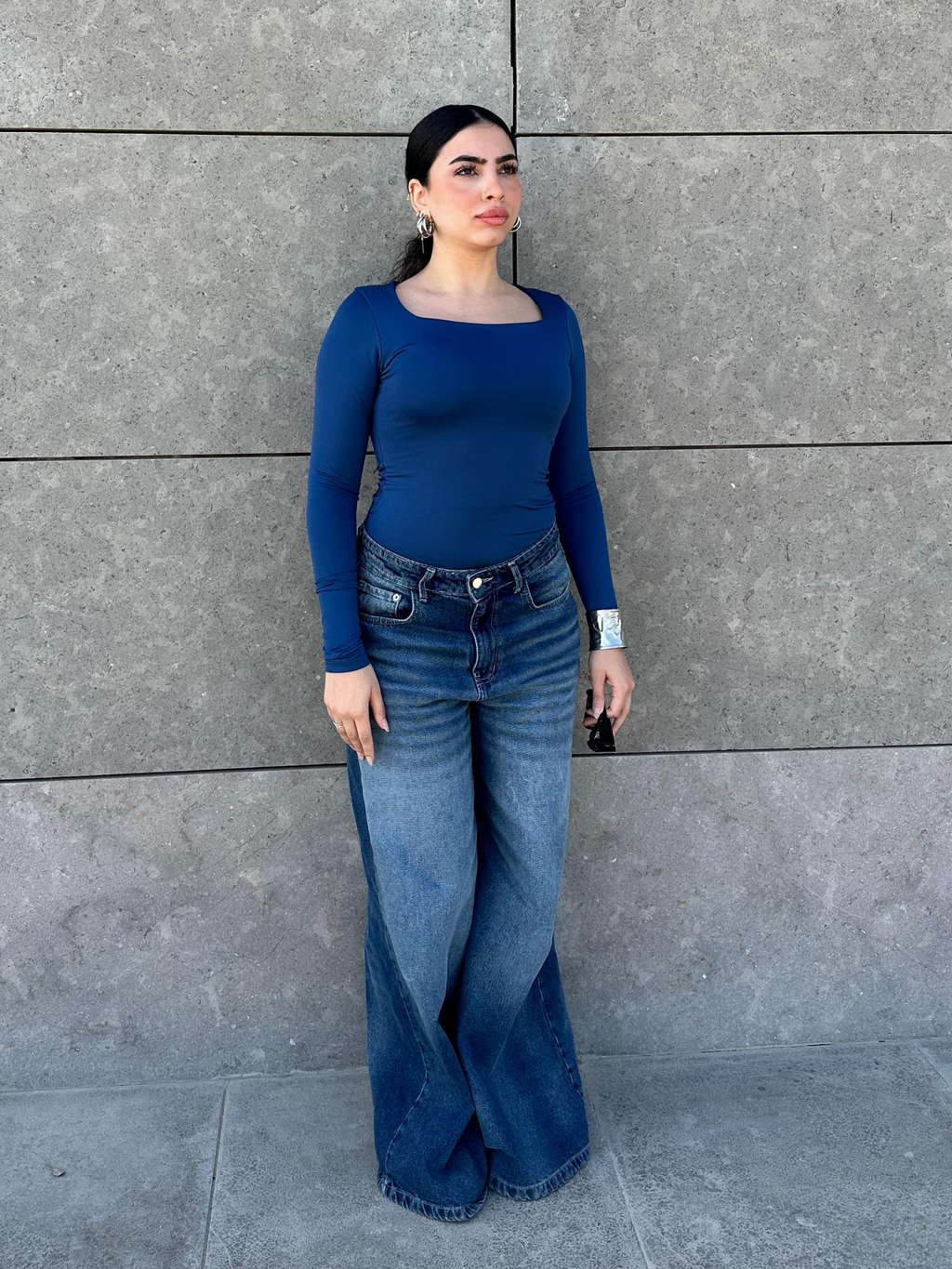 Square Neck Full Sleeve Bodysuit - Royal Bue