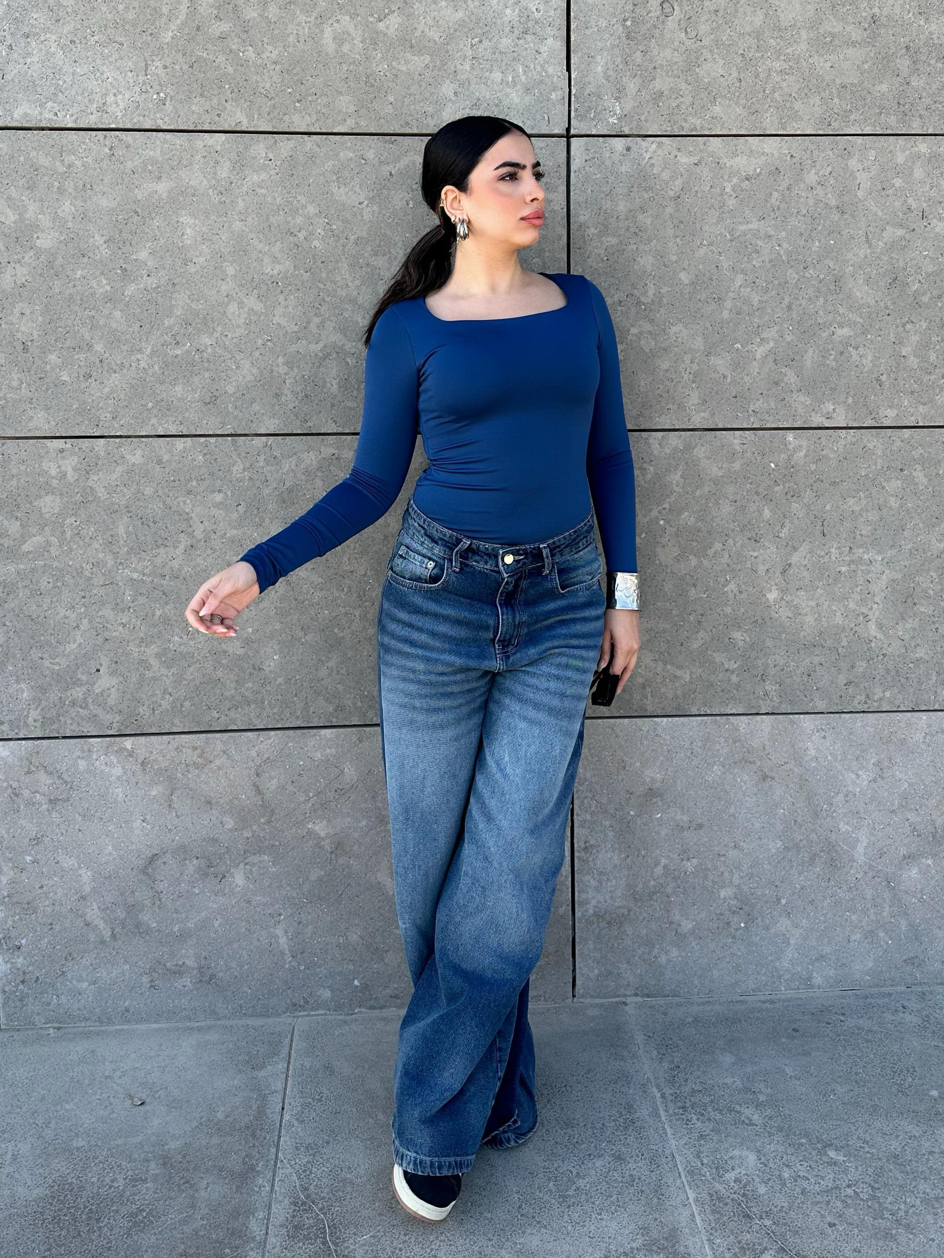 Square Neck Full Sleeve Bodysuit - Royal Bue