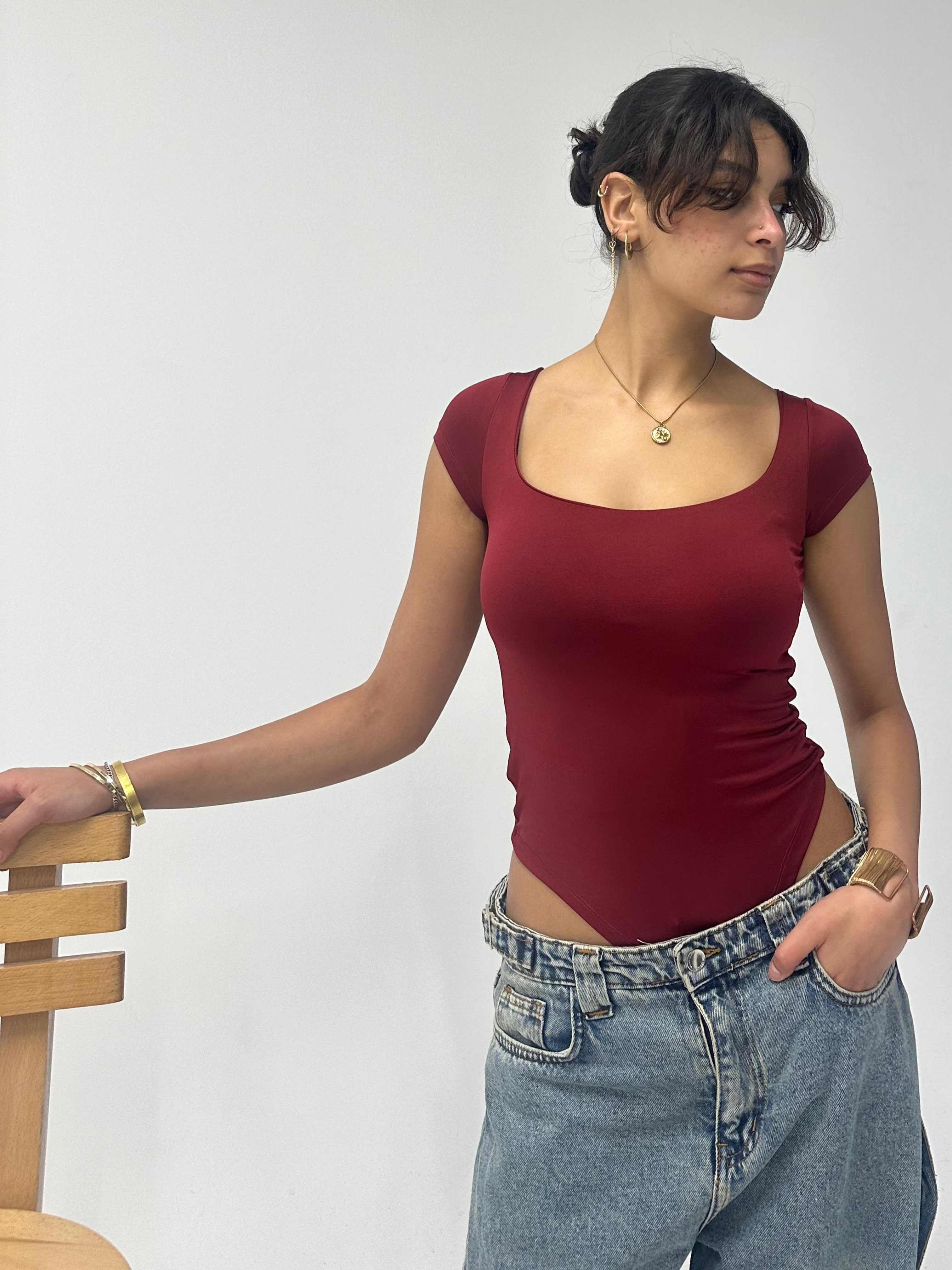 Burgundy Half Sleeve Body Suit