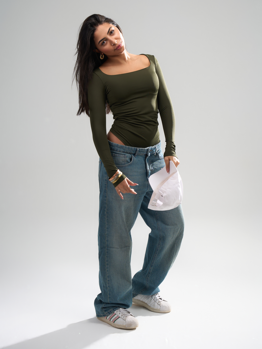 Square Neck Full Sleeve Bodysuit - Olive