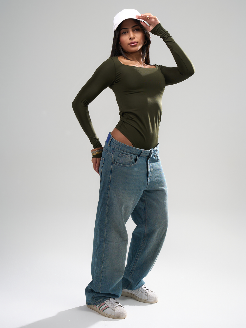 Square Neck Full Sleeve Bodysuit - Olive