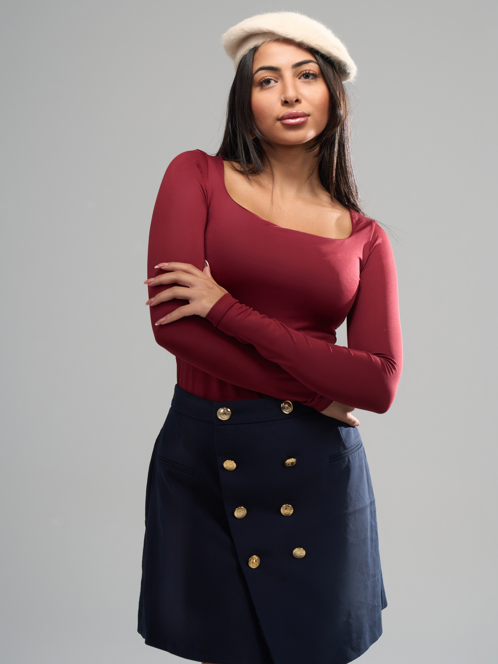 Square Neck Full Sleeve Bodysuit - Burgundy