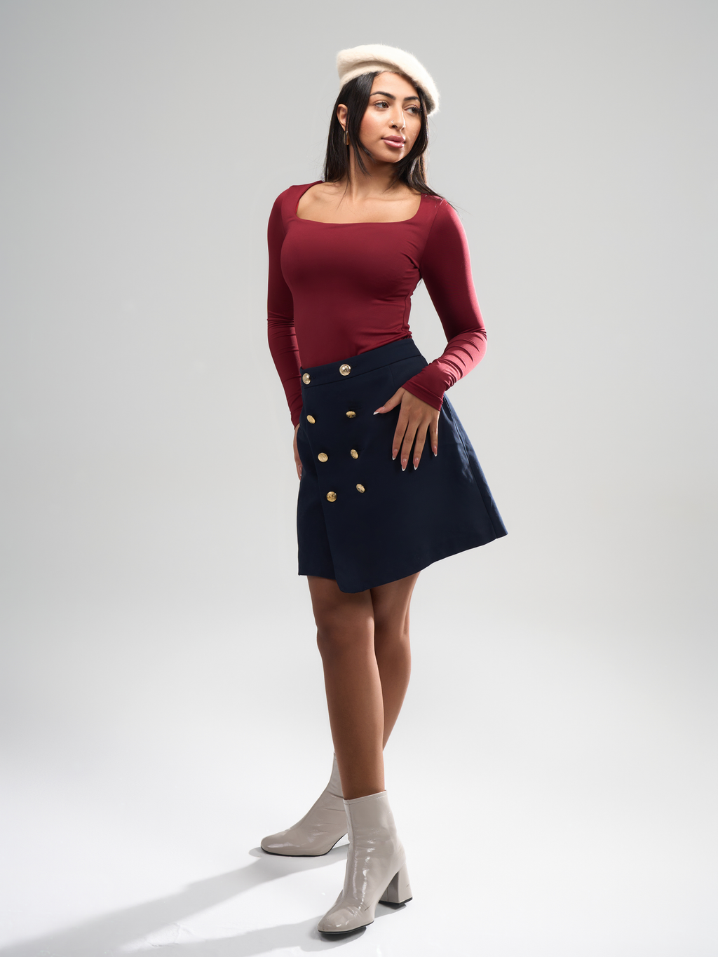 Square Neck Full Sleeve Bodysuit - Burgundy