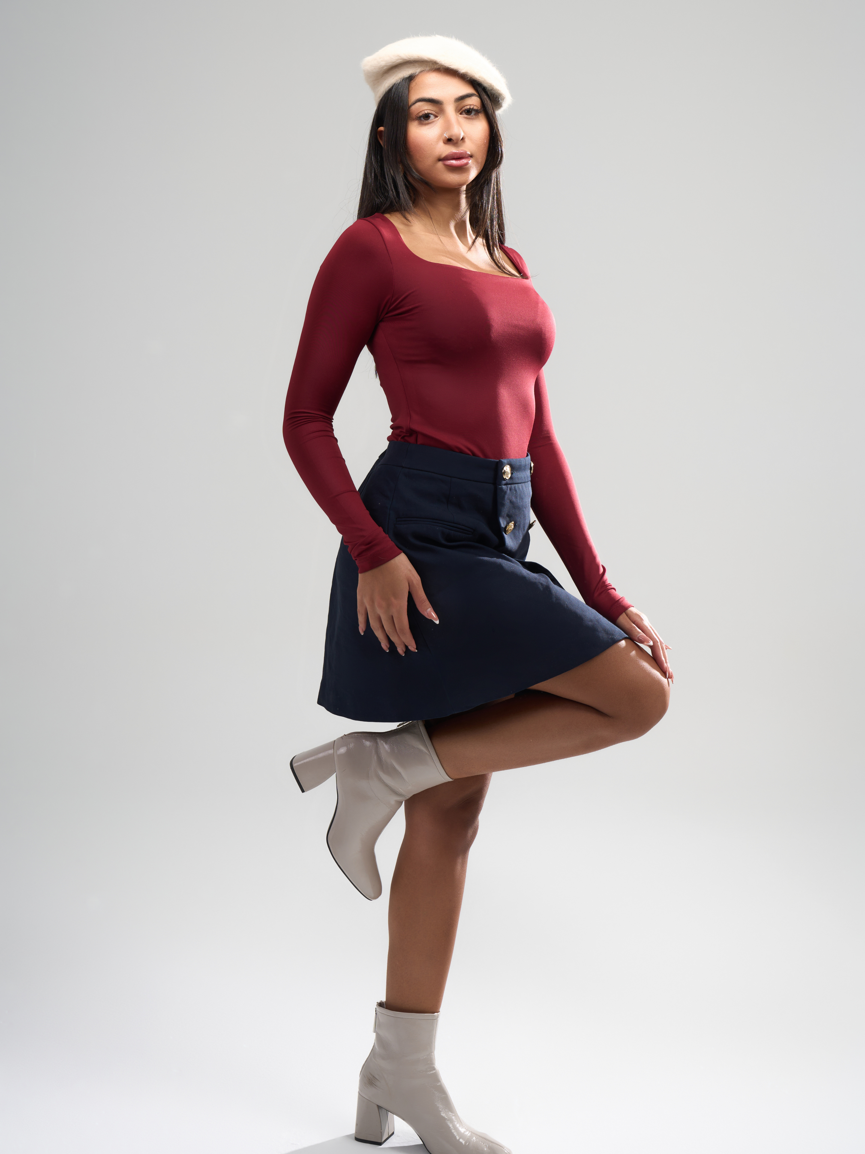 Square Neck Full Sleeve Bodysuit - Burgundy