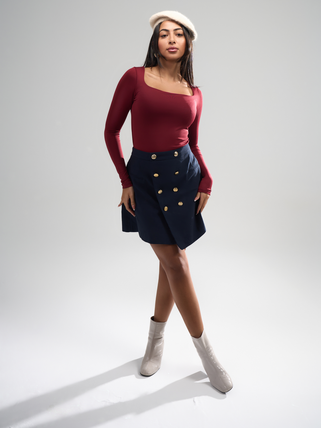 Square Neck Full Sleeve Bodysuit - Burgundy