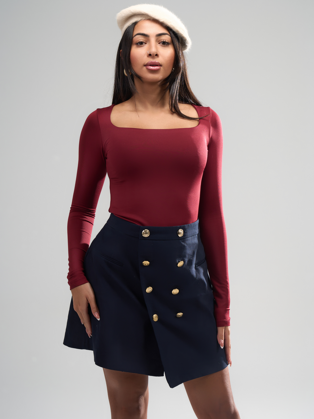 Square Neck Full Sleeve Bodysuit - Burgundy