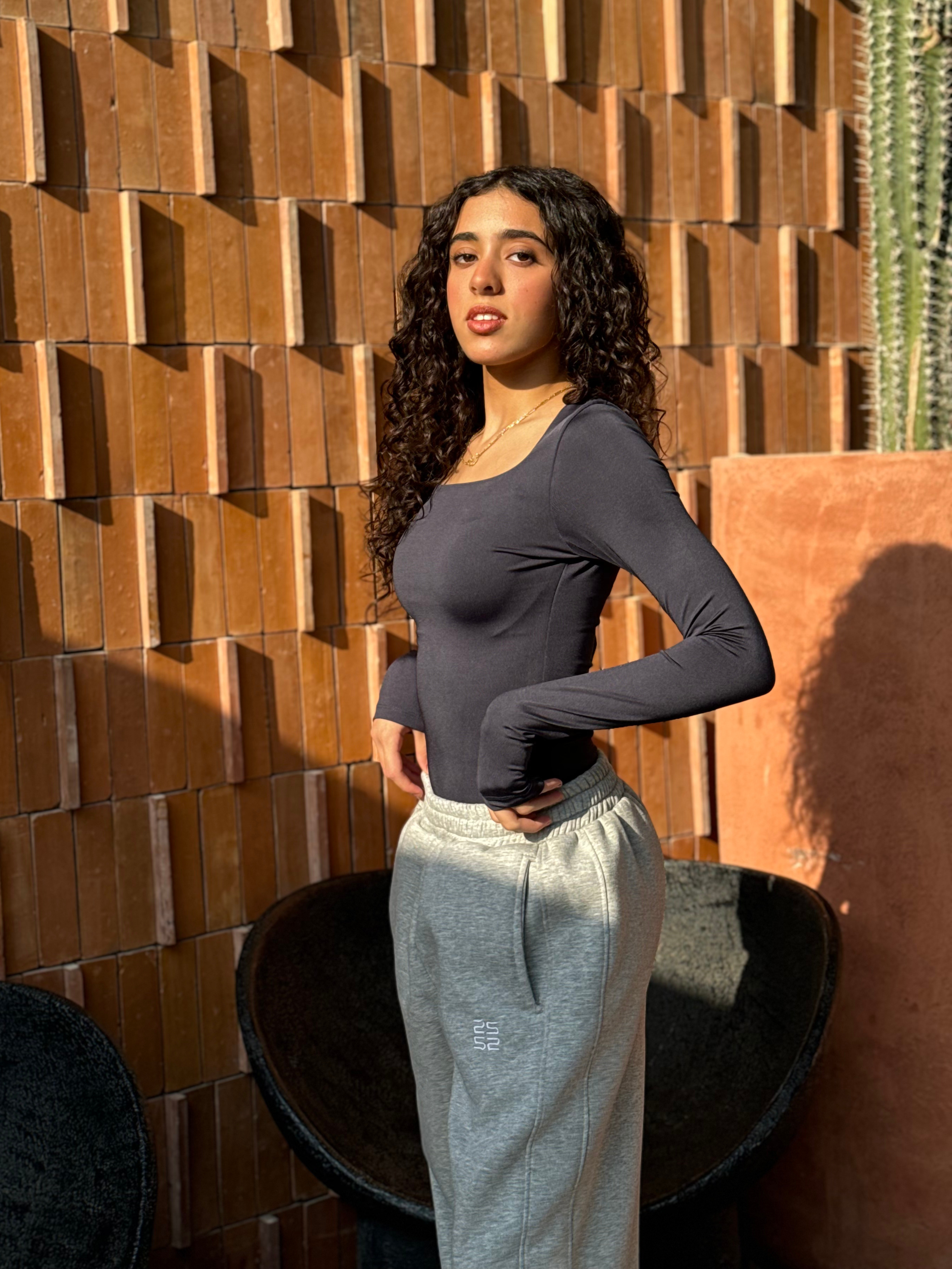 Square Neck Full Sleeve Bodysuit - Dark Grey