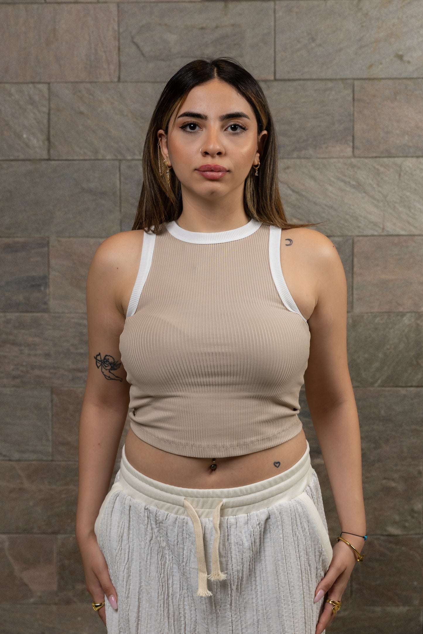 Beige x White Rib Cut Top