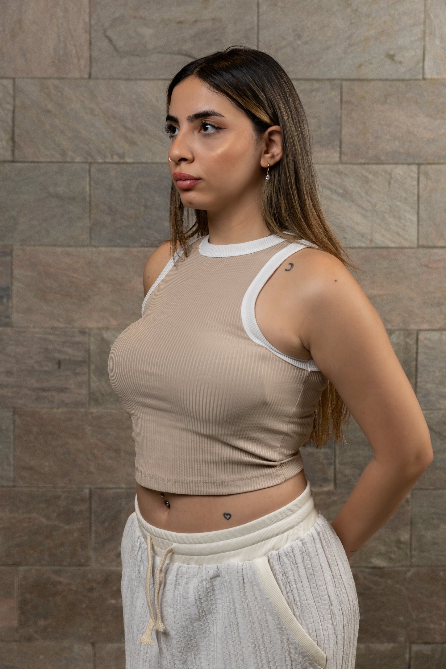 Beige x White Rib Cut Top