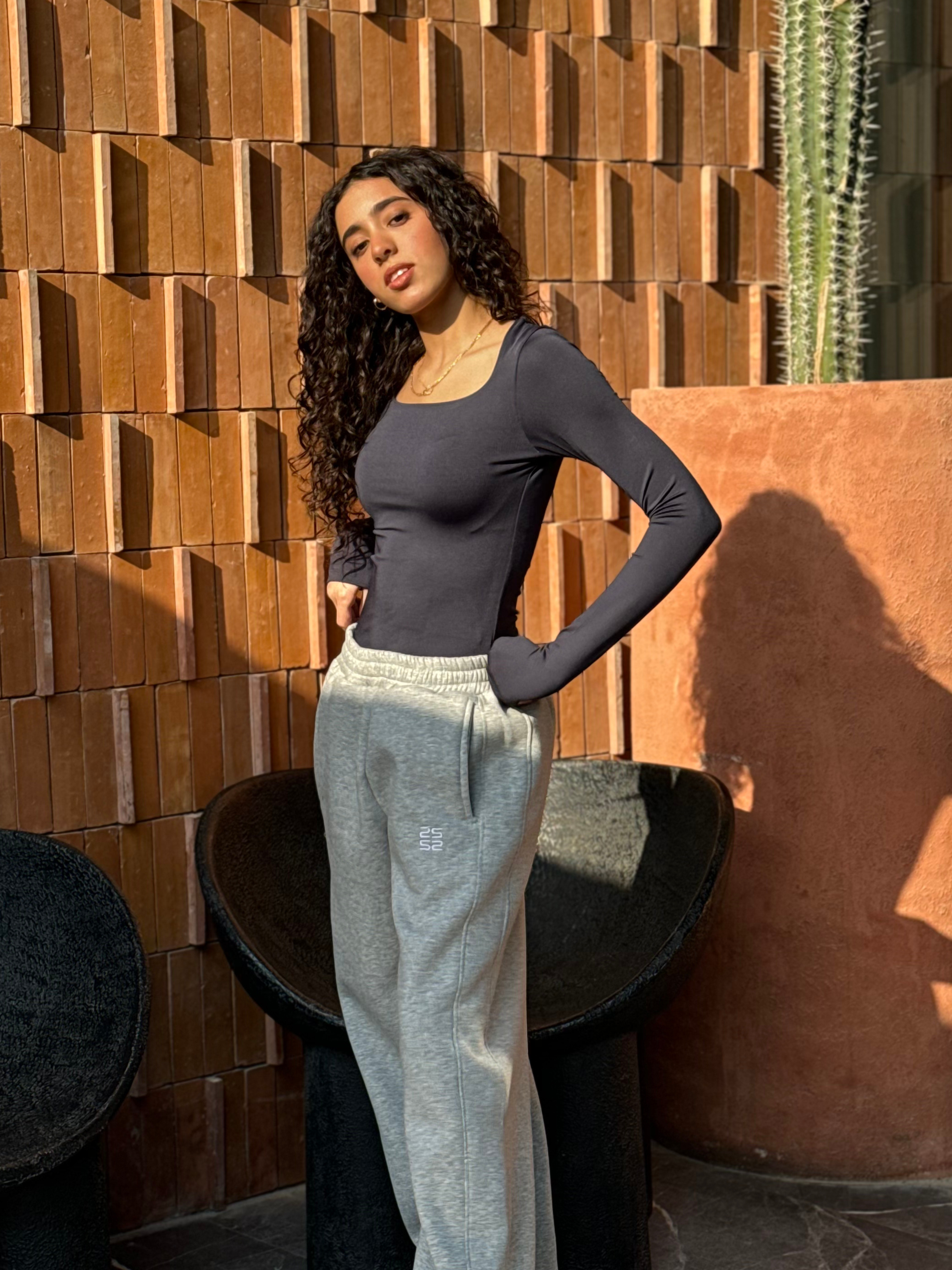 Square Neck Full Sleeve Bodysuit - Dark Grey