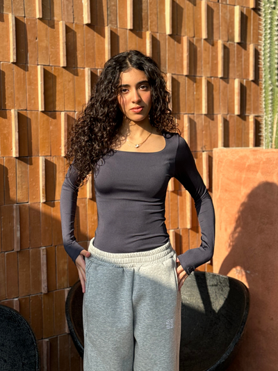 Square Neck Full Sleeve Bodysuit - Dark Grey