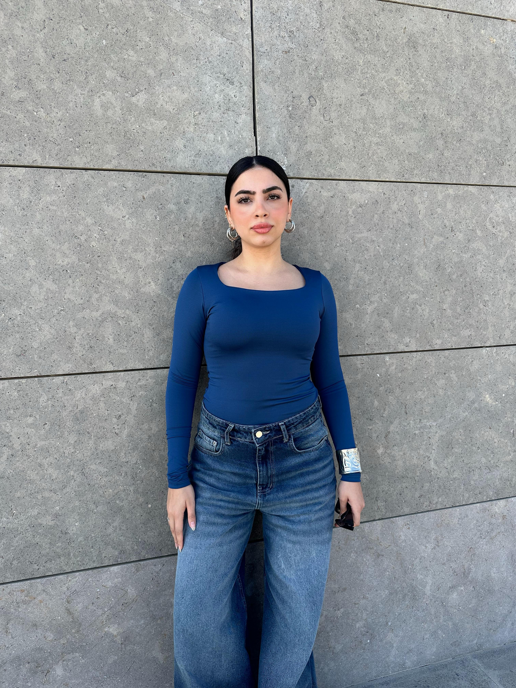 Square Neck Full Sleeve Bodysuit - Royal Bue