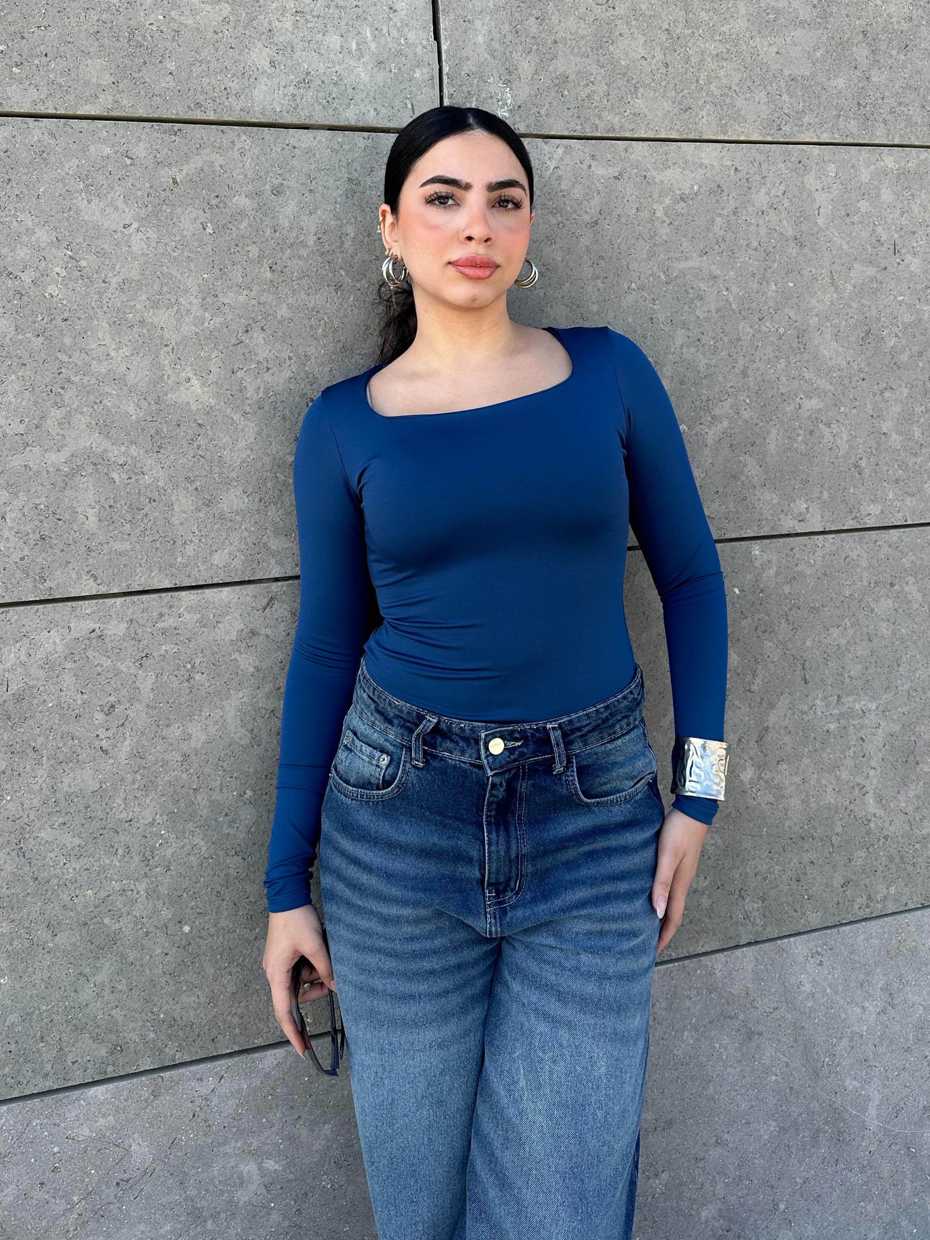 Square Neck Full Sleeve Bodysuit - Royal Bue