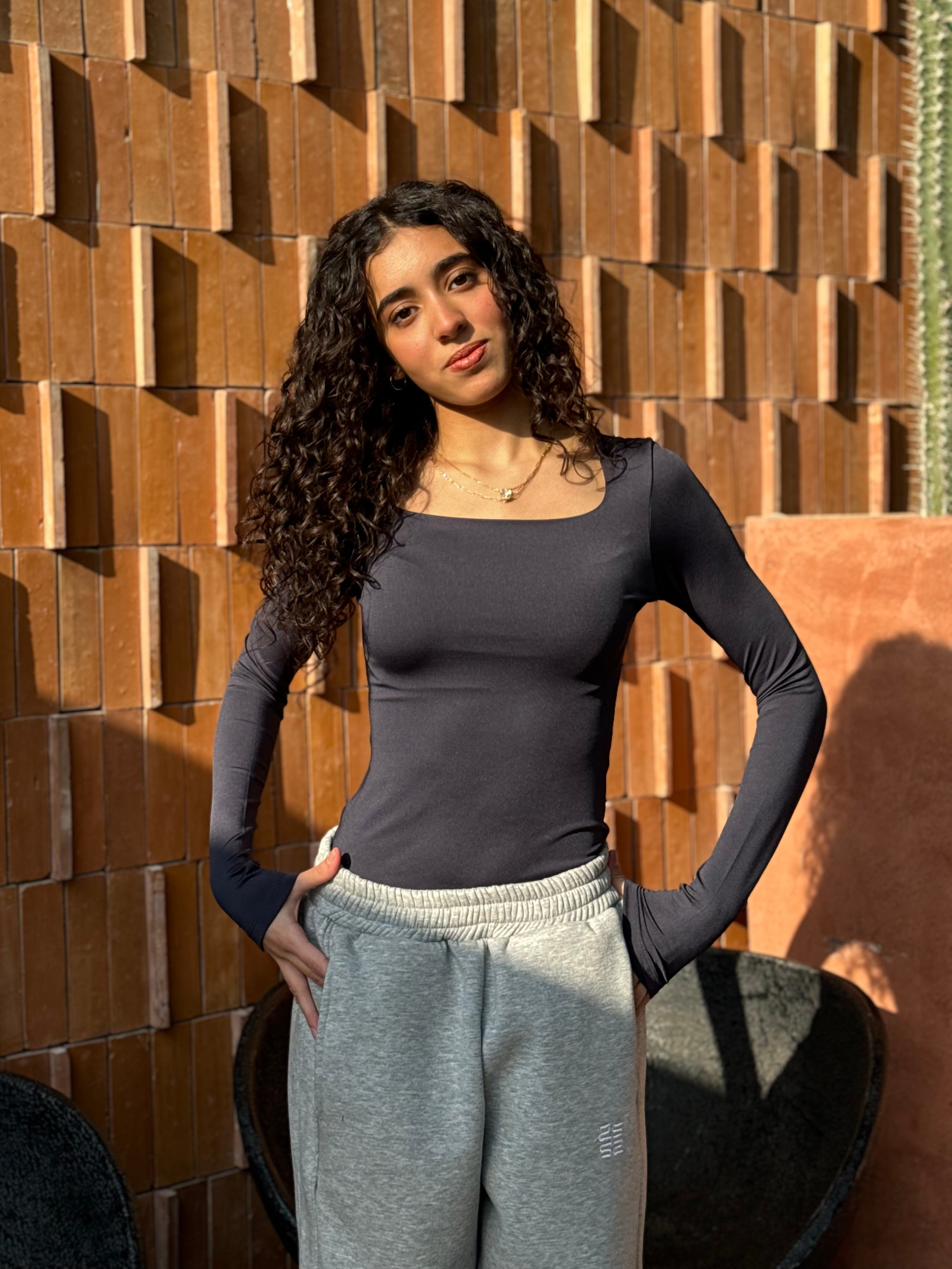 Square Neck Full Sleeve Bodysuit - Dark Grey