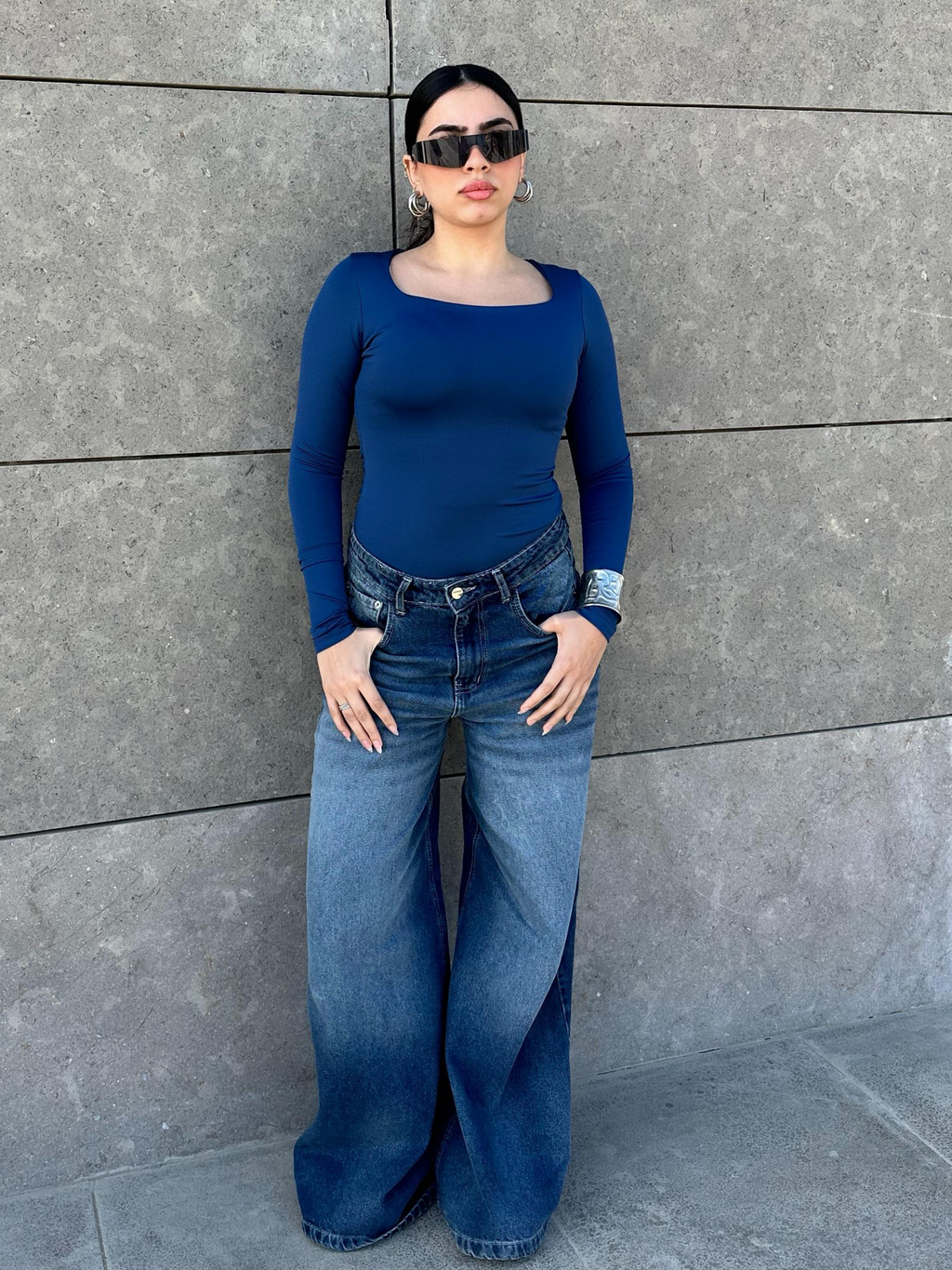 Square Neck Full Sleeve Bodysuit - Royal Bue