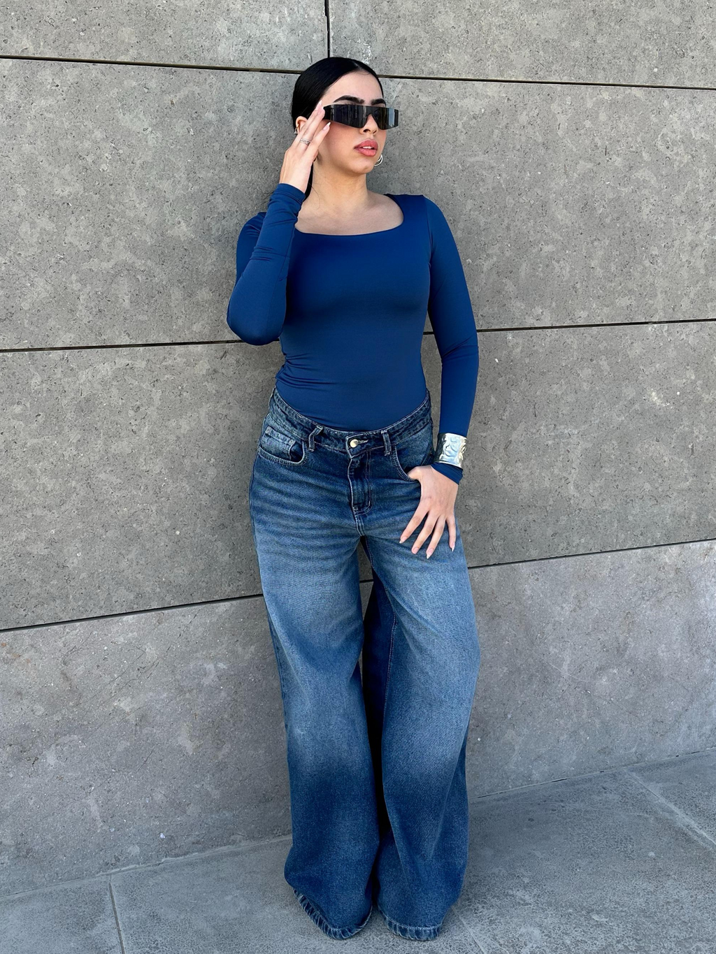 Square Neck Full Sleeve Bodysuit - Royal Bue