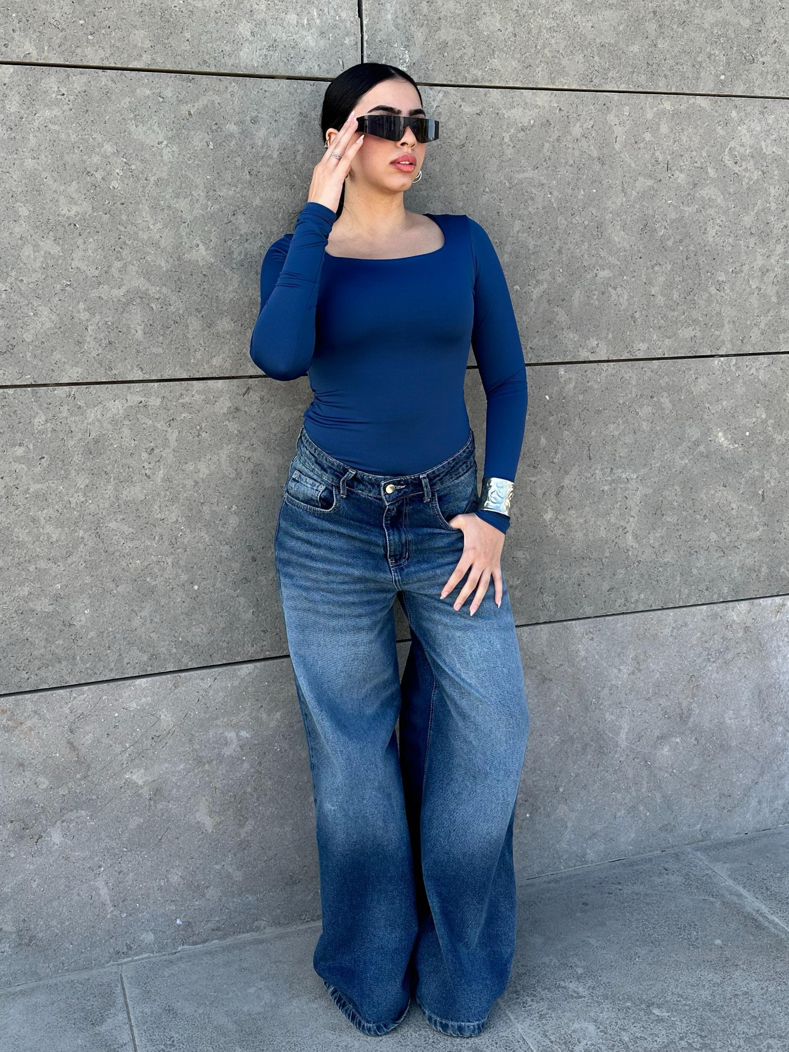 Square Neck Full Sleeve Bodysuit - Royal Bue