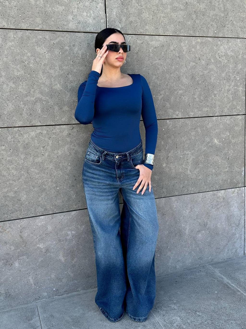 Square Neck Full Sleeve Bodysuit - Royal Bue