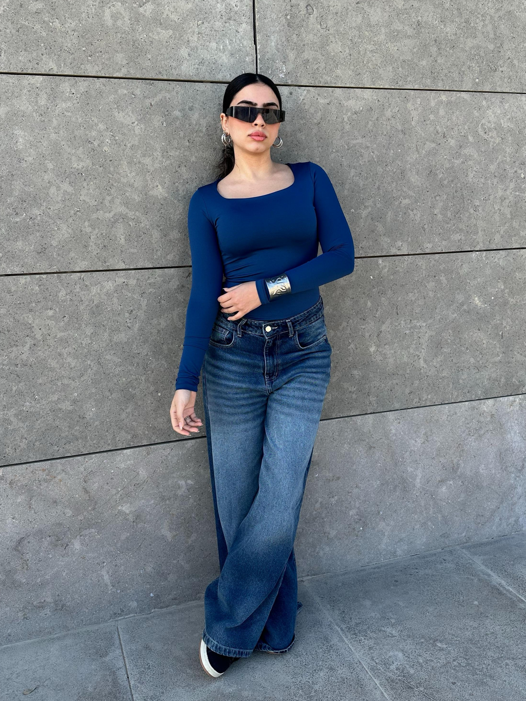 Square Neck Full Sleeve Bodysuit - Royal Bue