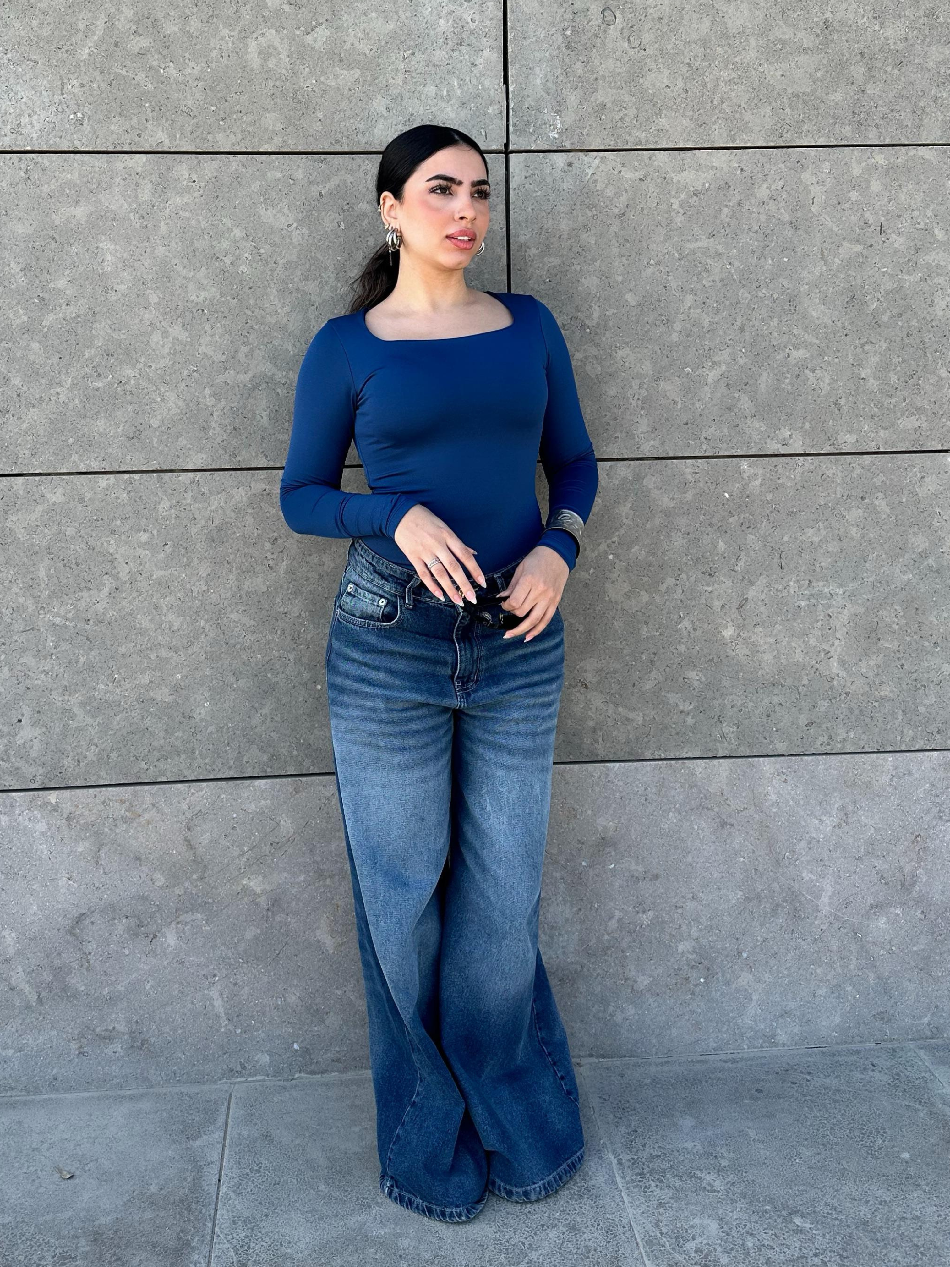 Square Neck Full Sleeve Bodysuit - Royal Bue