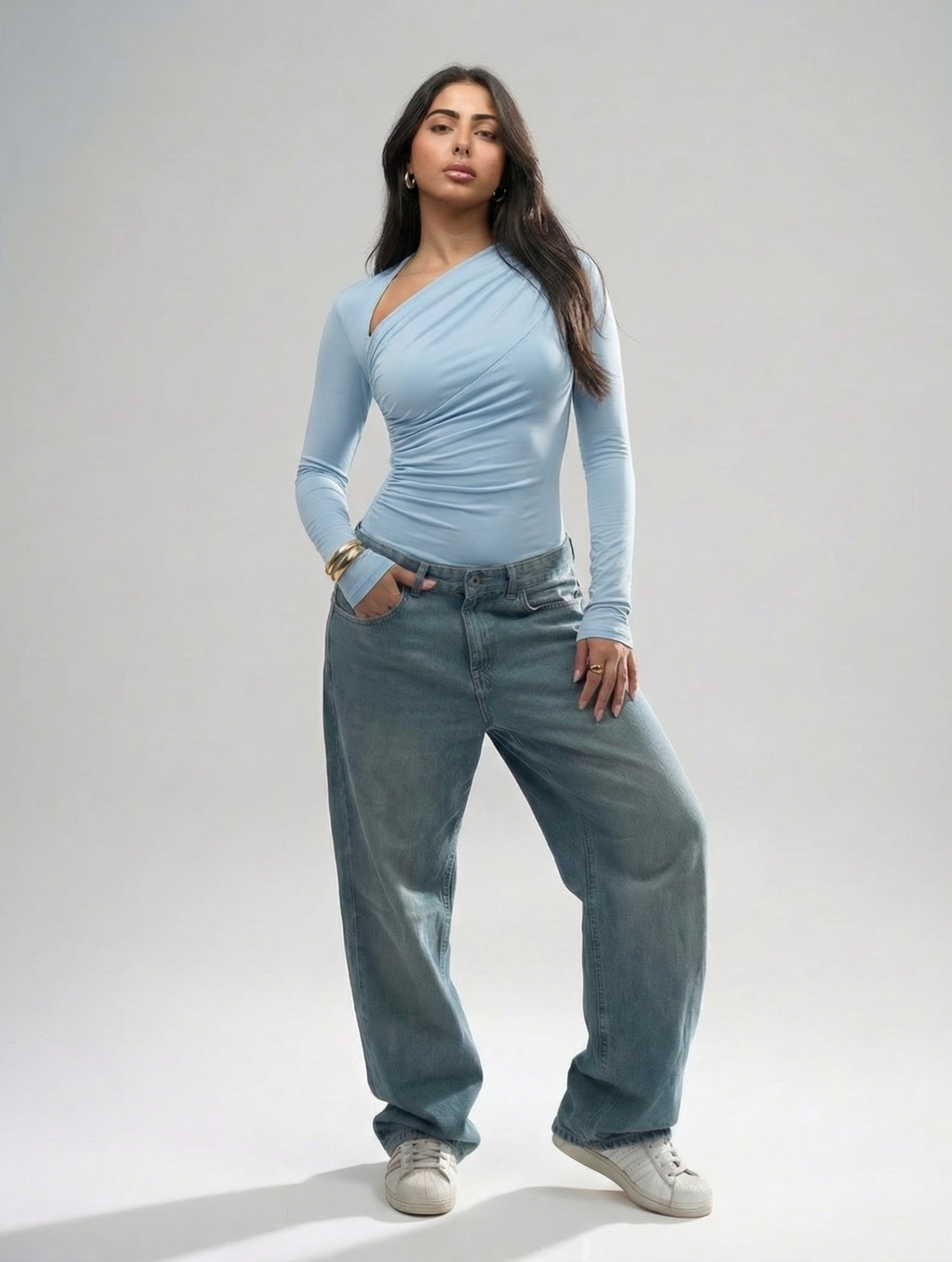 Assymetrical Neck Rushed Top