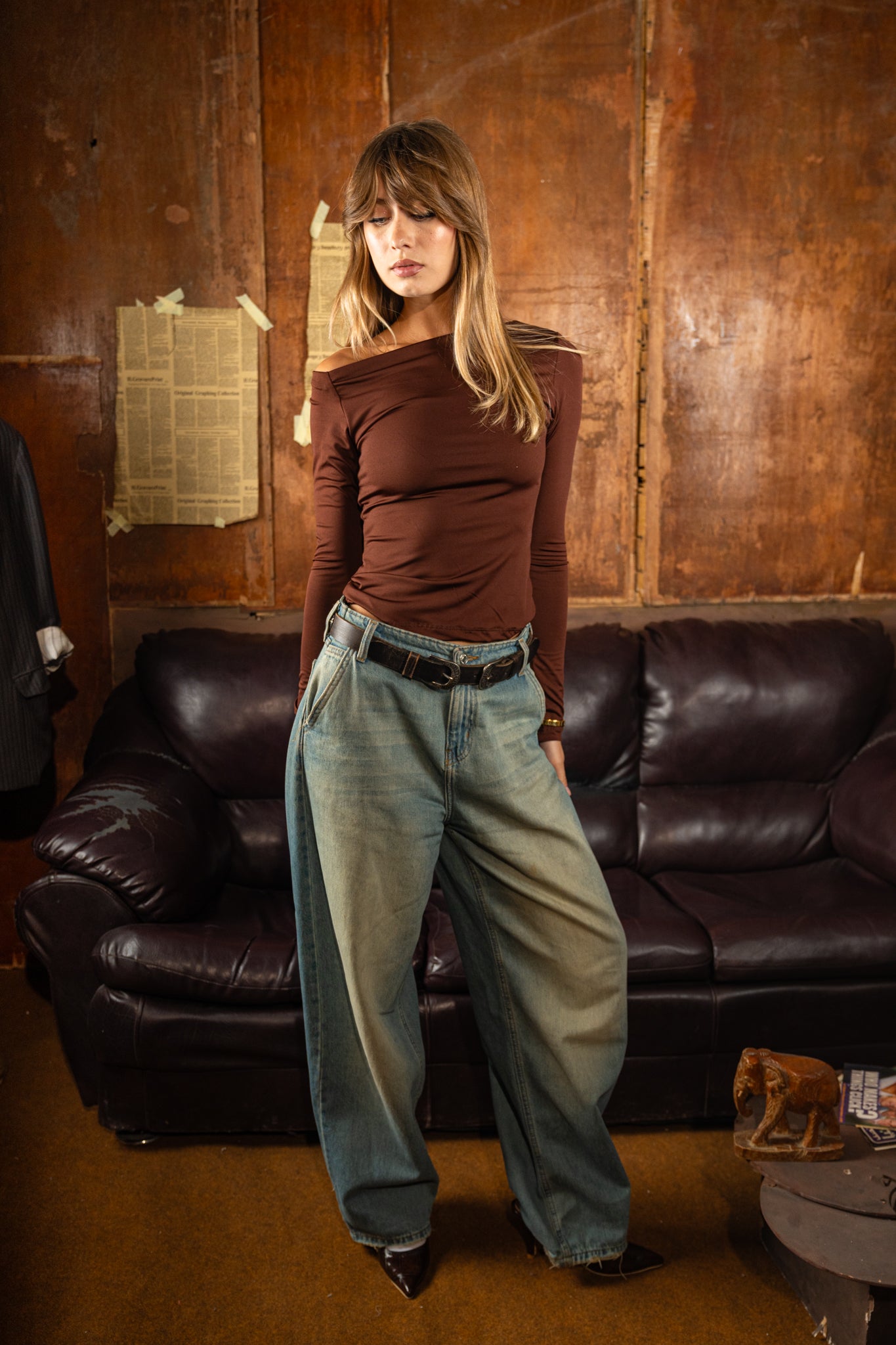 Assymetrical Off Shoulder Top - Brown