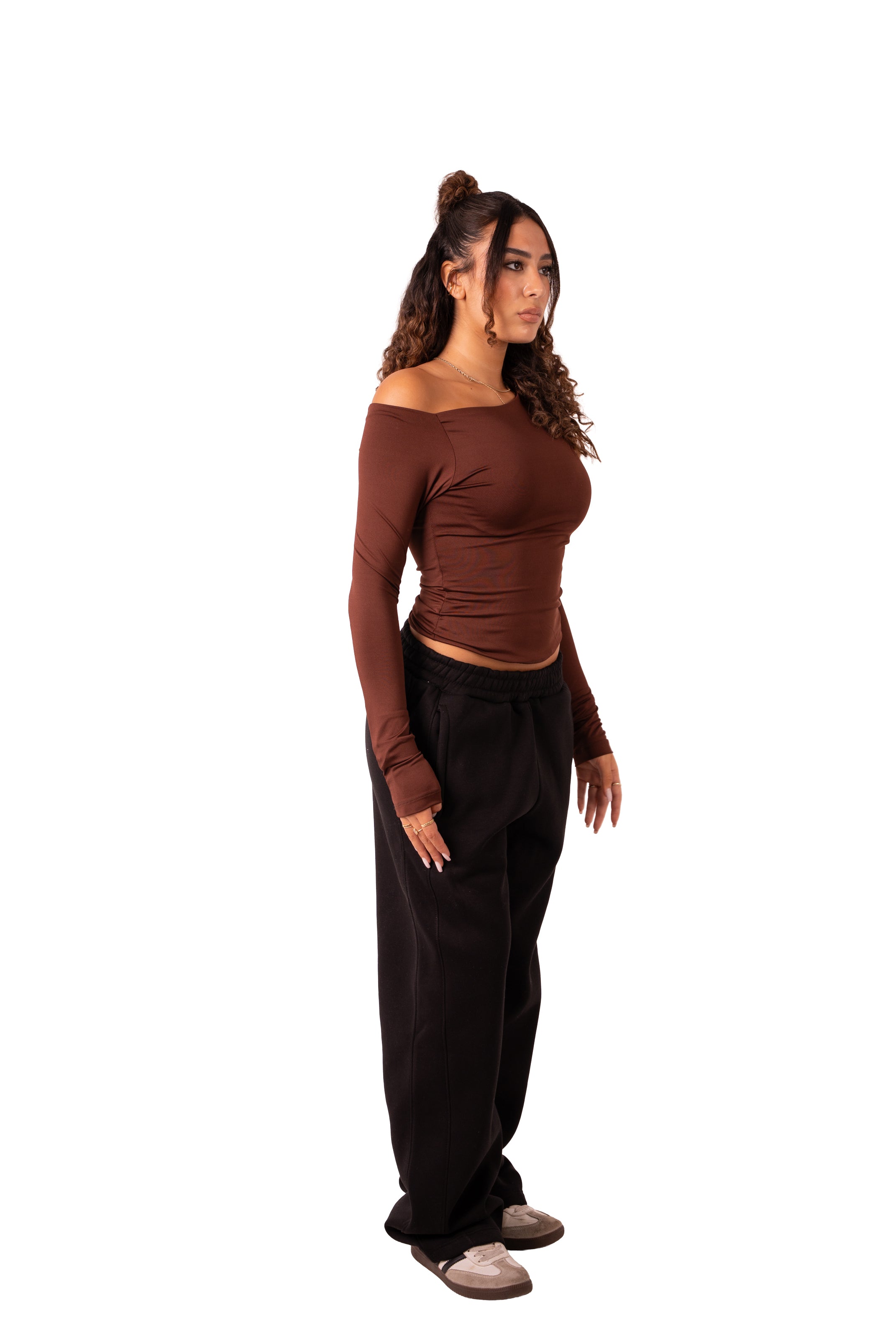 Assymetrical Off Shoulder Top - Brown
