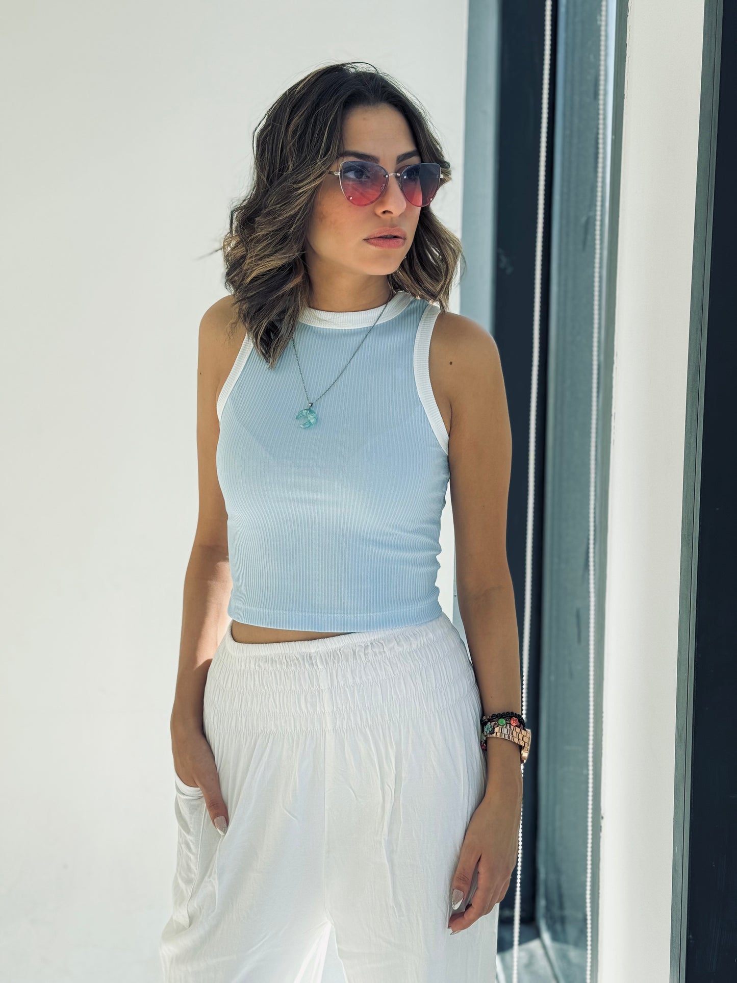 Sky Blue x White Rib Cut Top