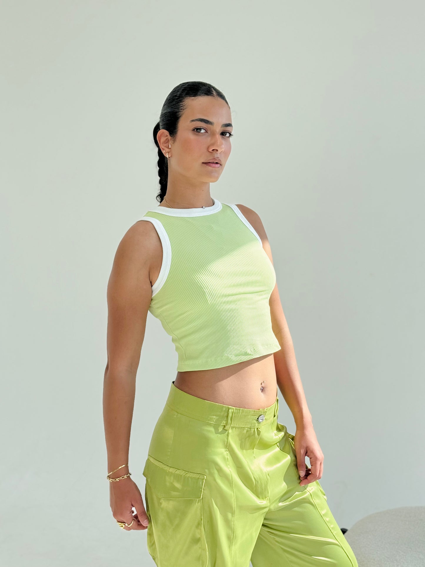 Lime Green x White Rib Cut Top