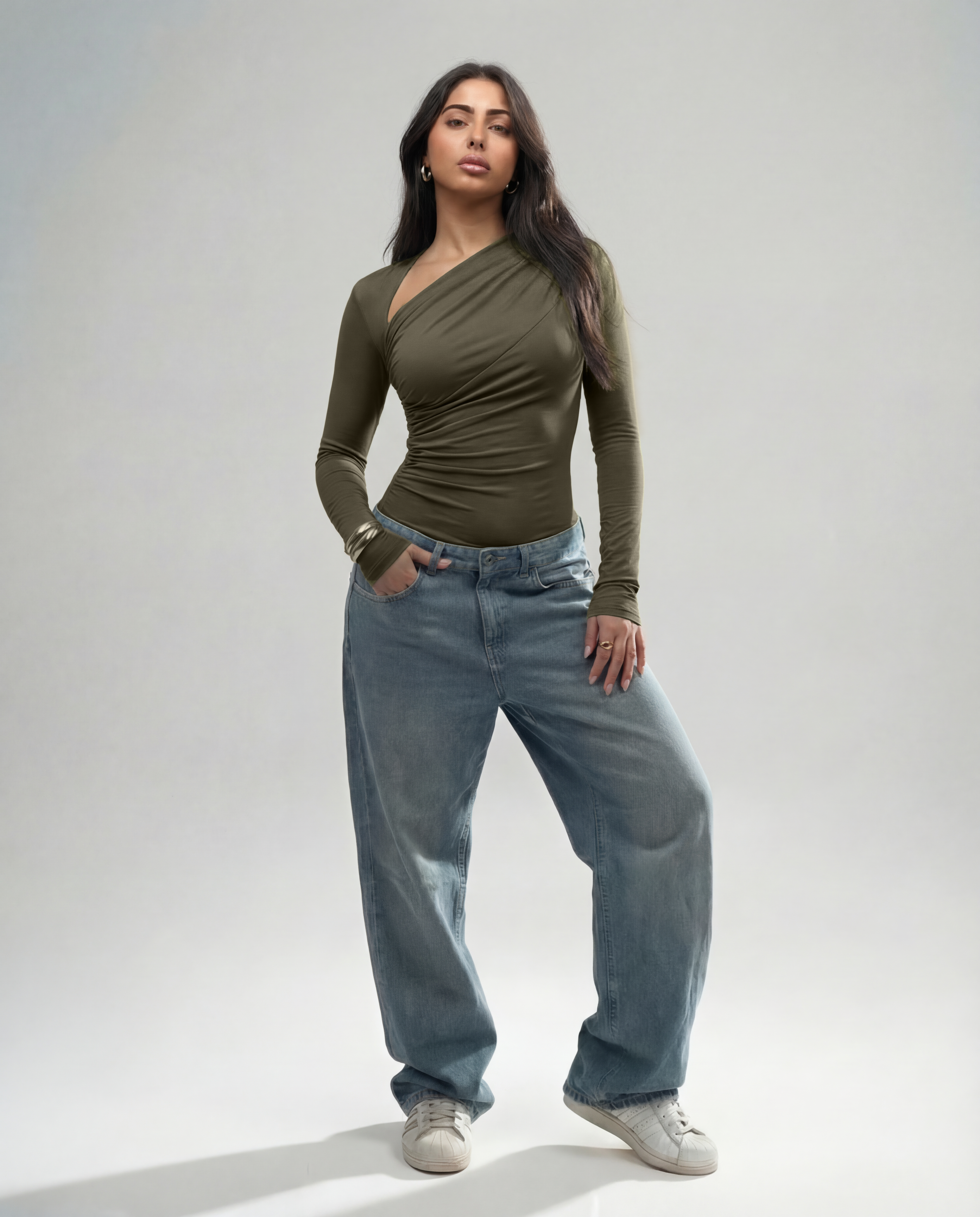 Assymetrical Neck Rushed Top