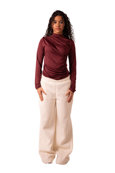 Side Drape Full Sleeve - Wine Red
