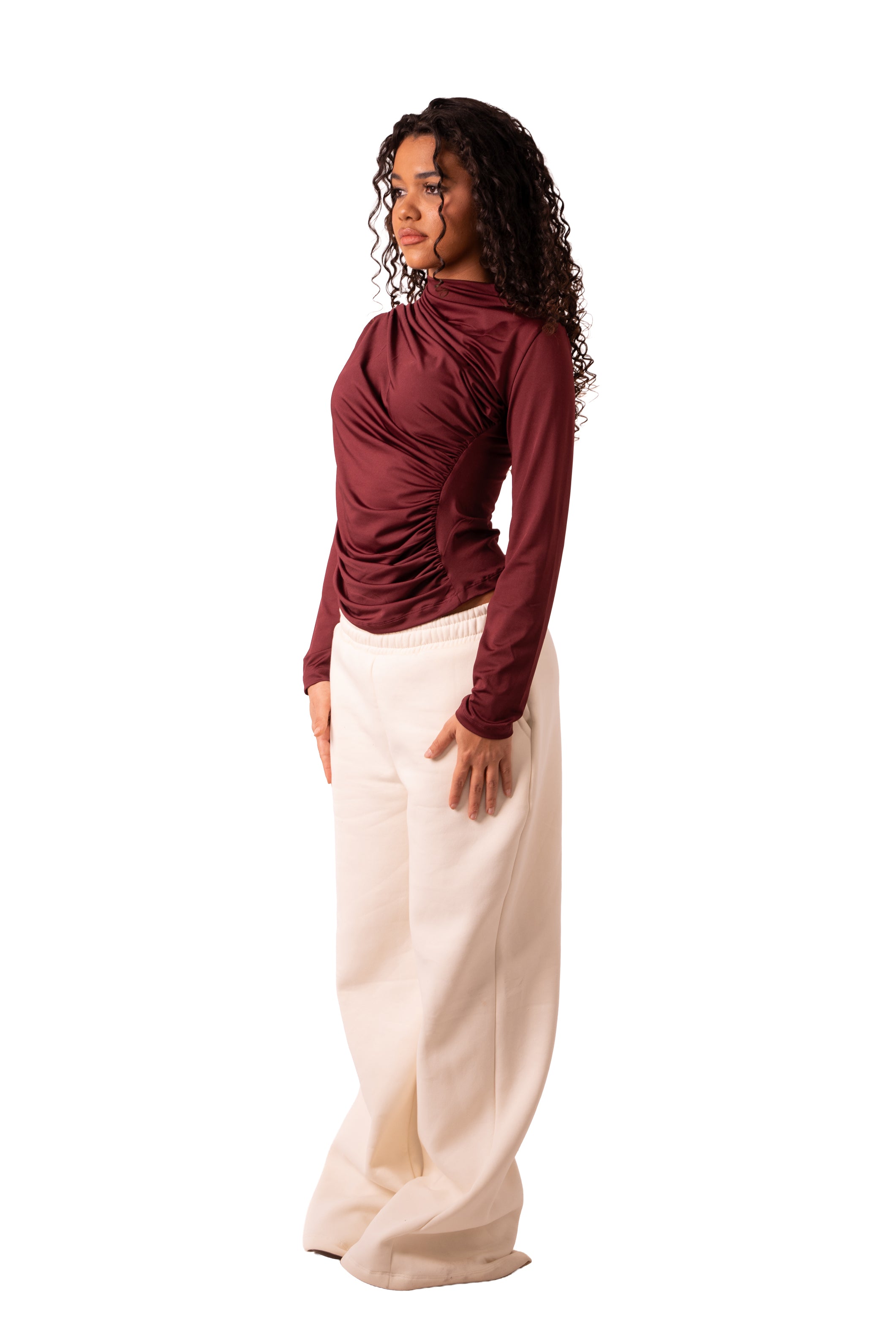 Side Drape Full Sleeve - Wine Red