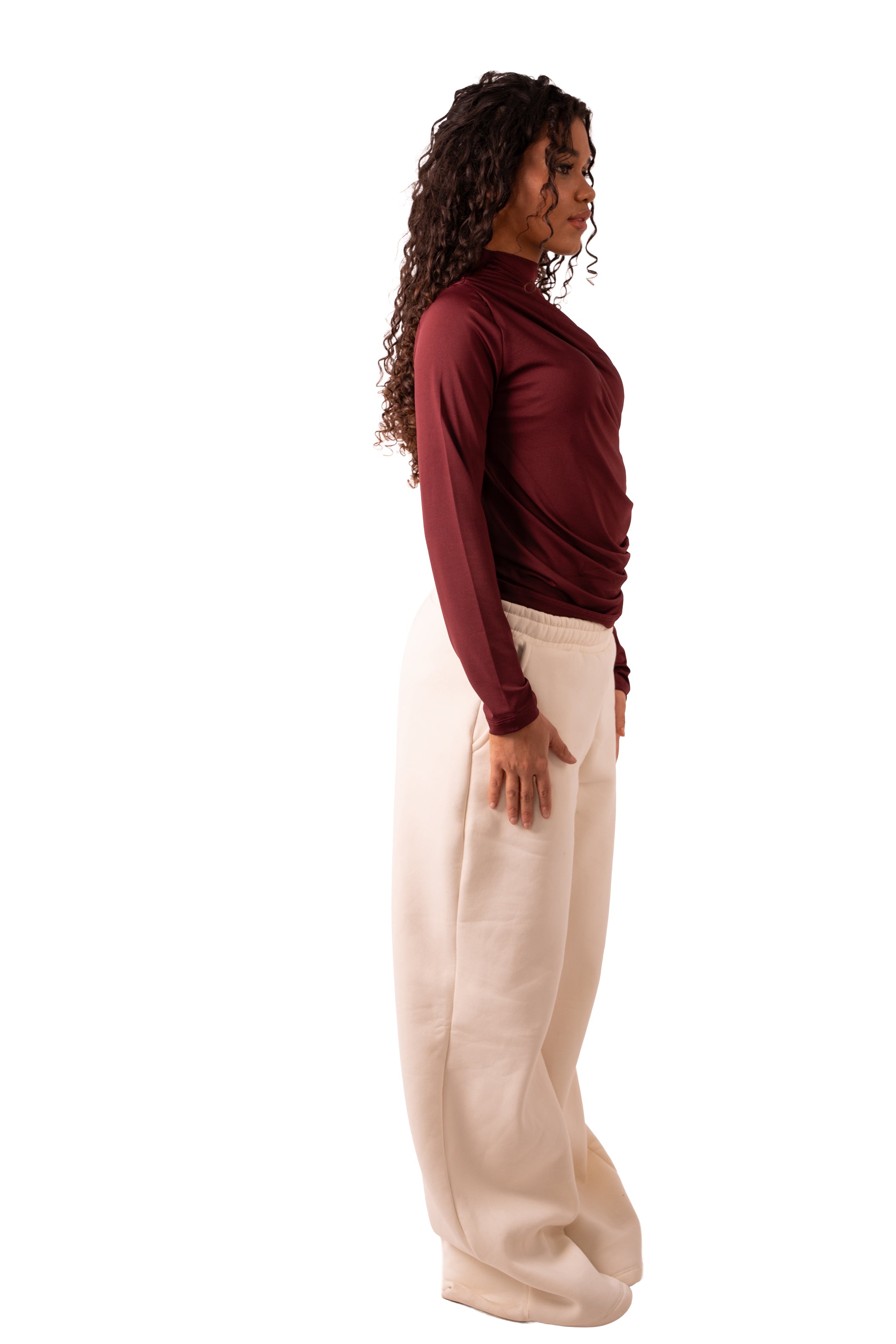 Side Drape Full Sleeve - Wine Red