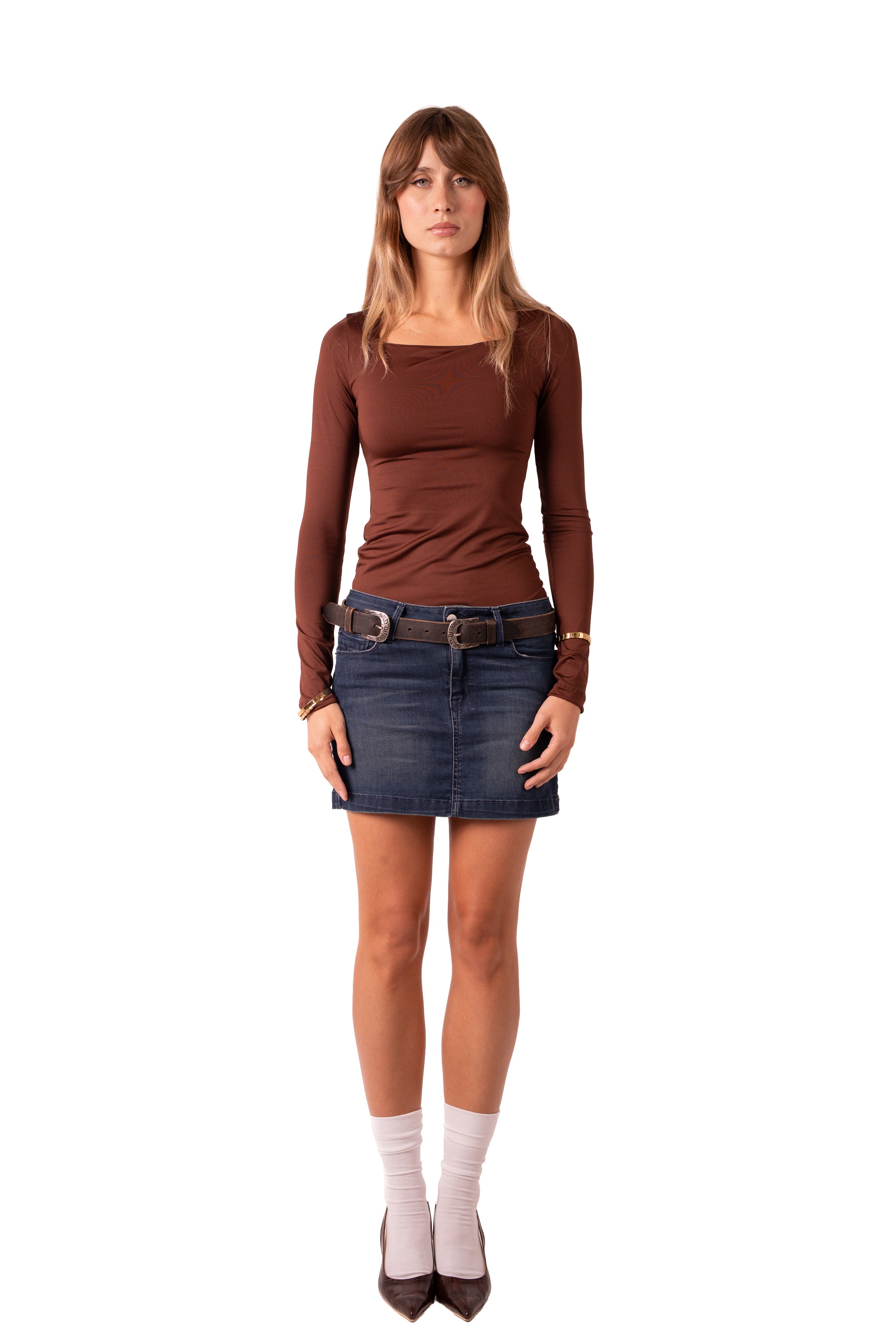 Square Neck Full Sleeve Bodysuit - Brown