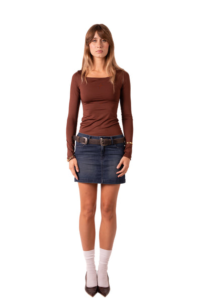 Square Neck Full Sleeve Bodysuit - Brown