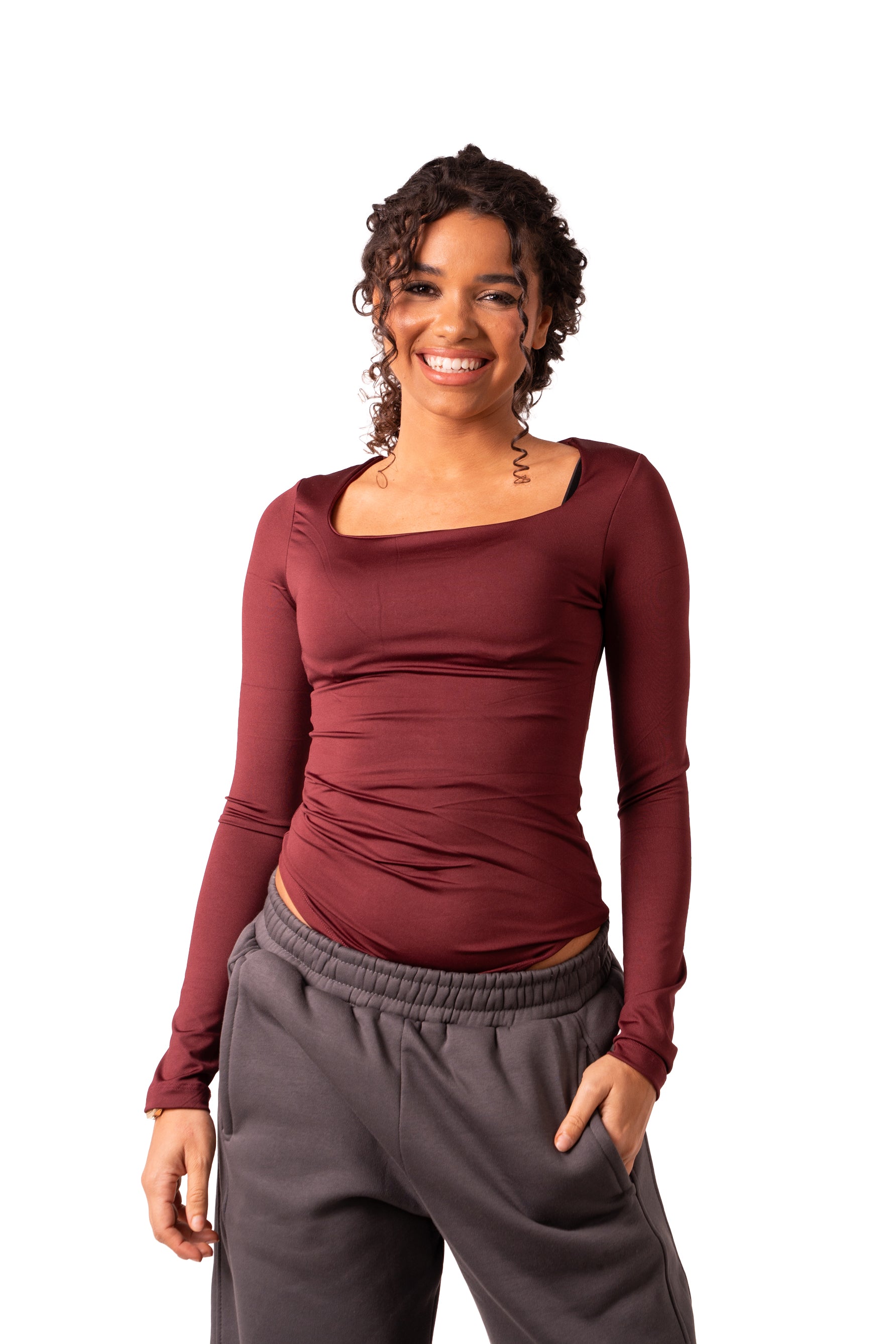 بدلة جسم بأكمام طويلة ورقبة مربعة - أحمر نبيذي