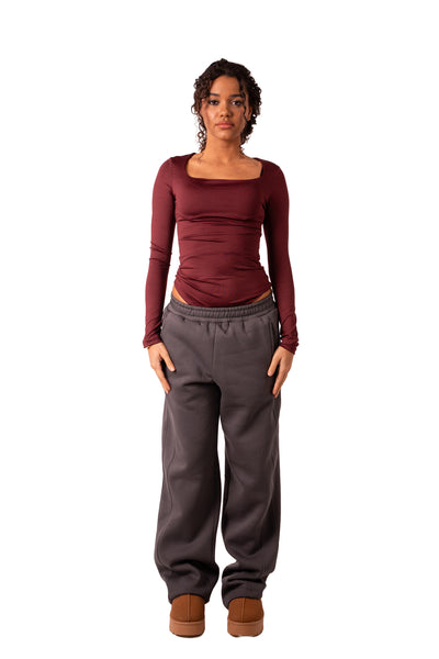 Square Neck Full Sleeve Bodysuit - Wine Red