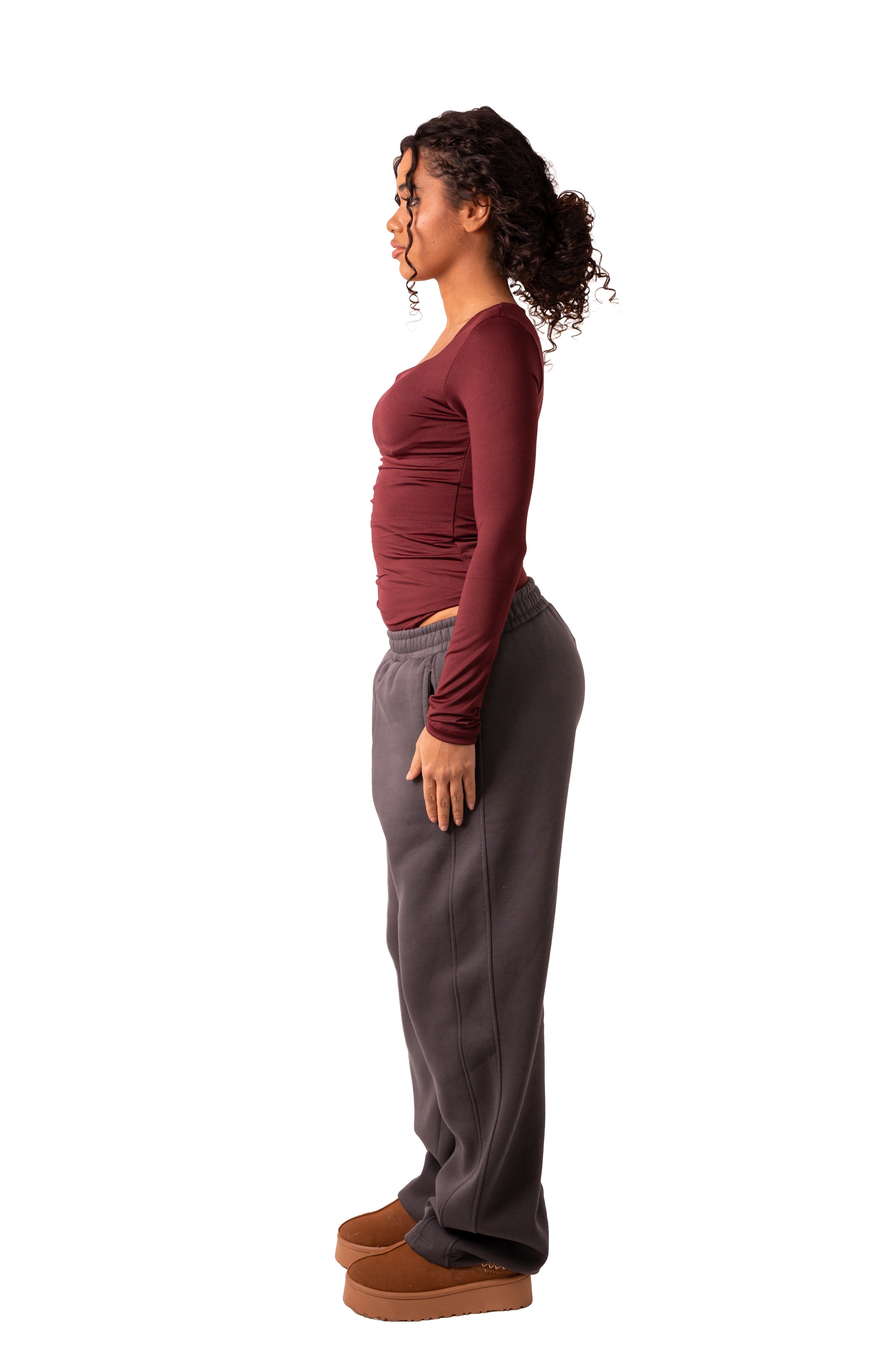 Square Neck Full Sleeve Bodysuit - Wine Red