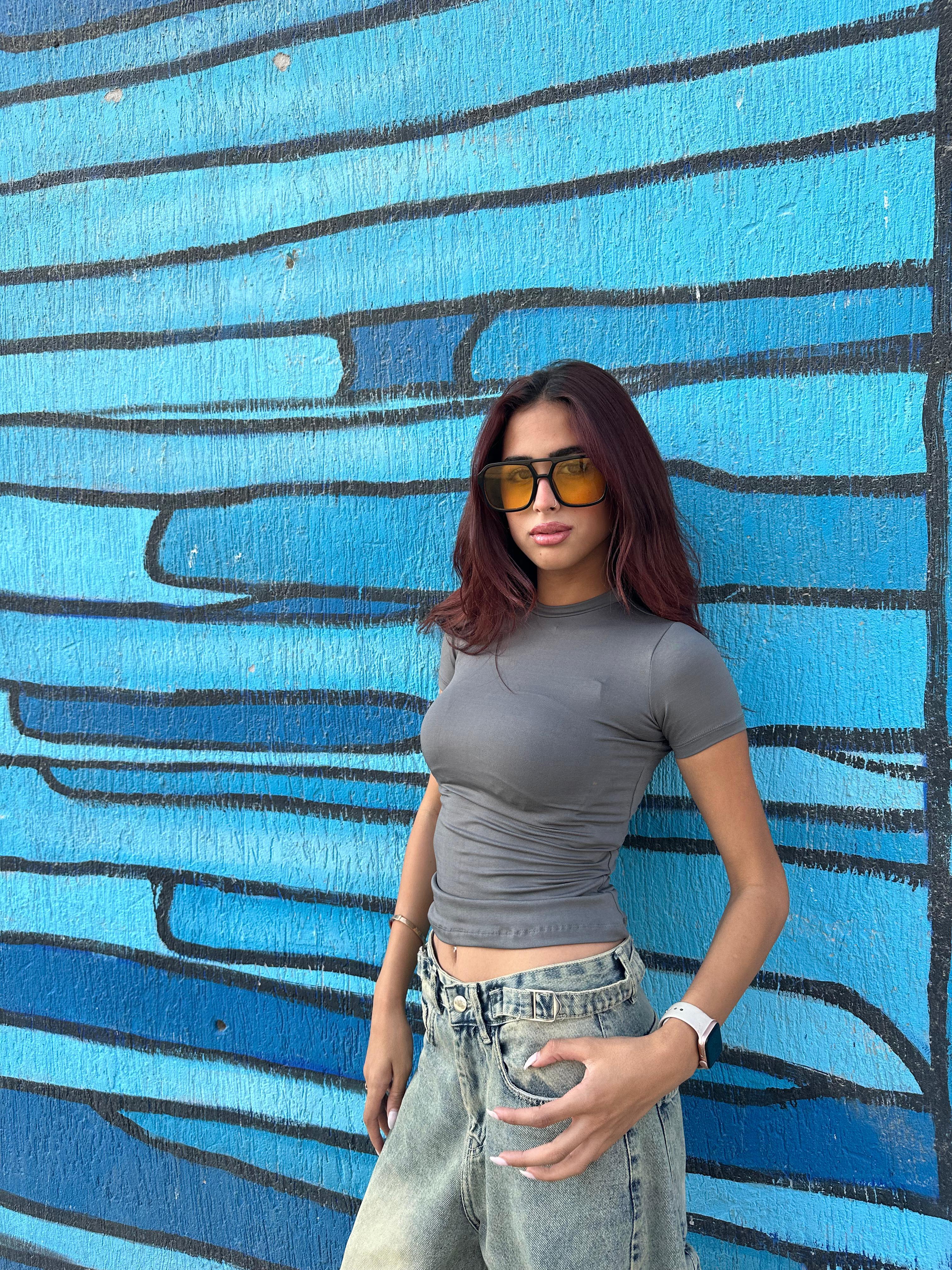 بلوزة رمادية أنيقة بأكمام نصفية